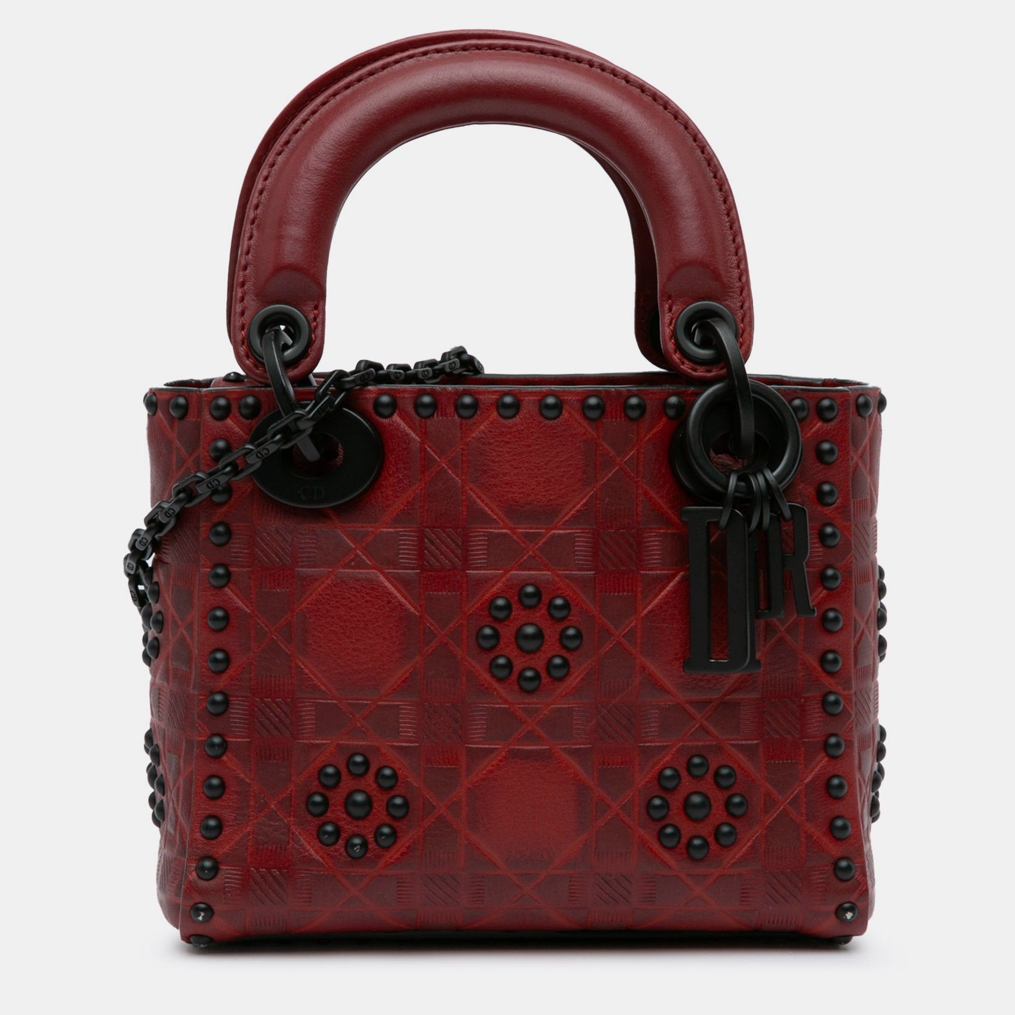 

Dior Mini Embossed Calfskin Cannage Flower Studded Lady Dior Bag, Red