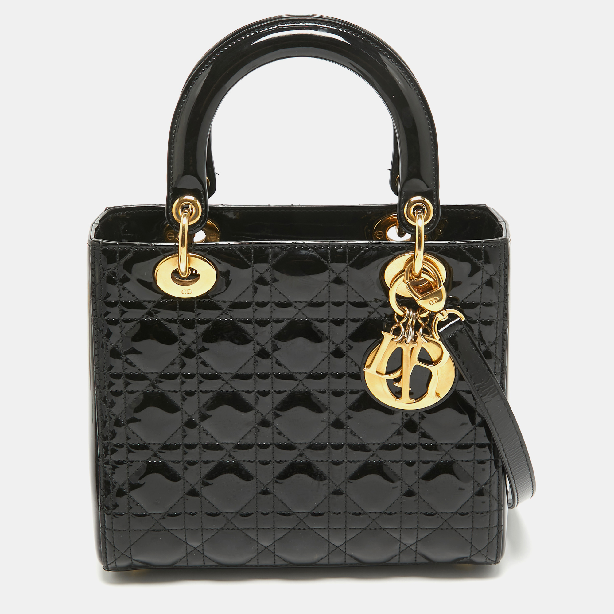 

Dior Black Cannage Patent Leather Medium Lady Dior Tote