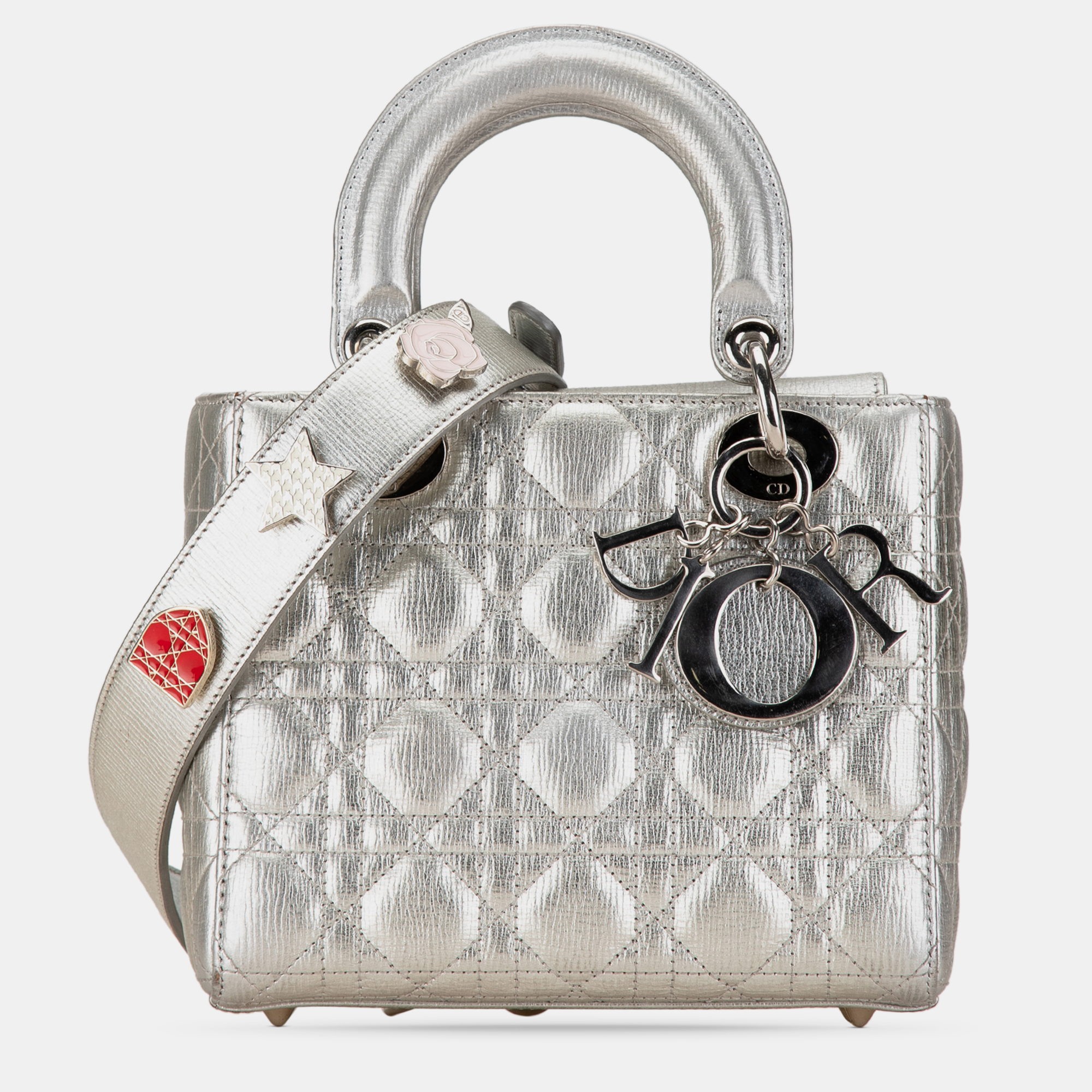 

Dior Small Metallic Grained Calfskin Cannage Lucky Badges My Lady Dior Bag, Silver