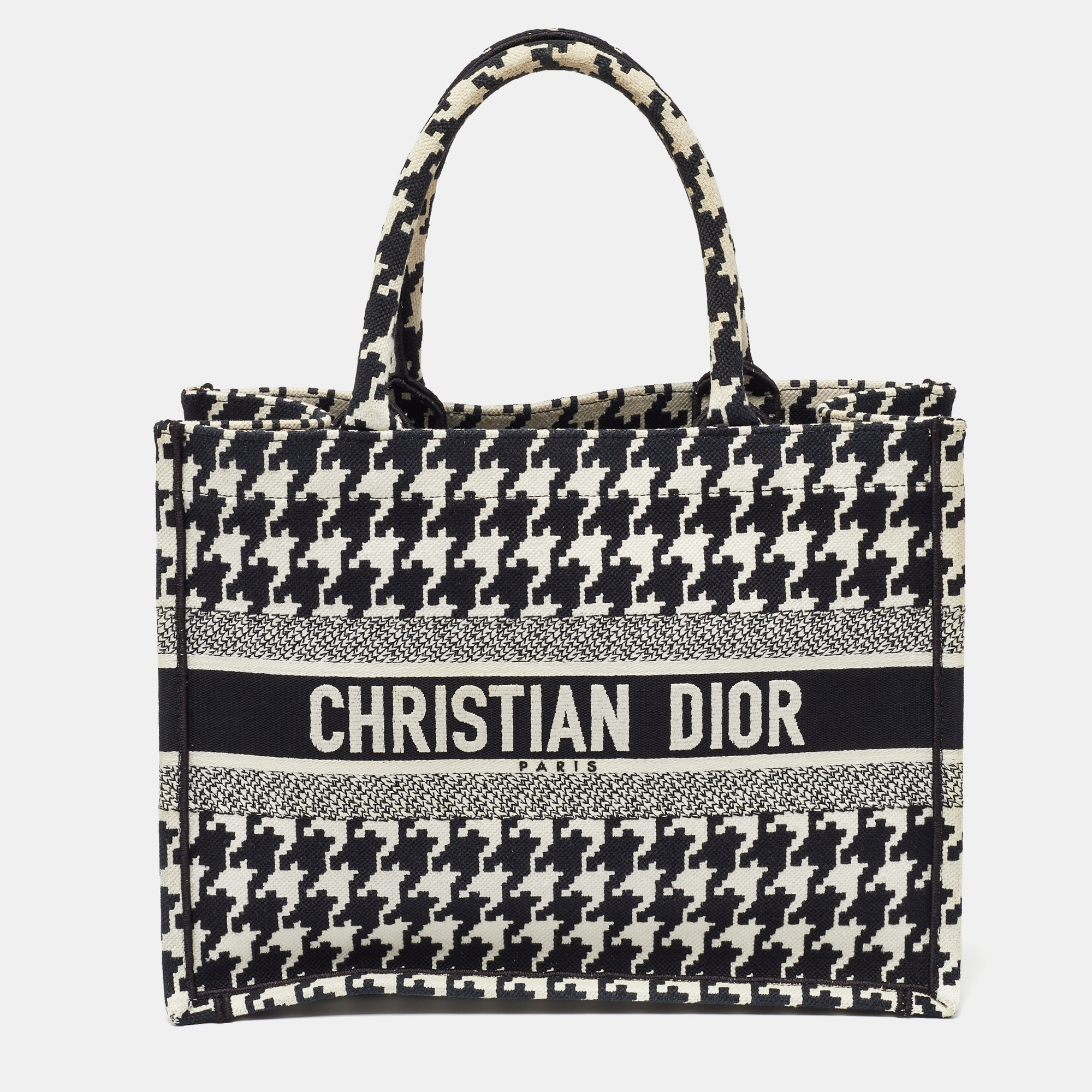 

Dior Black/White Embroidered Macro Houndstooth Canvas Medium Book Tote