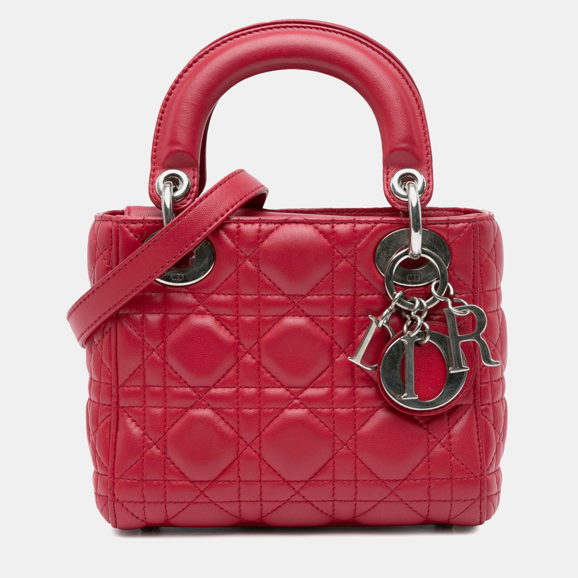 

Dior Red Leather Lambskin Cannage Lady Dior Mini Bag, Pink