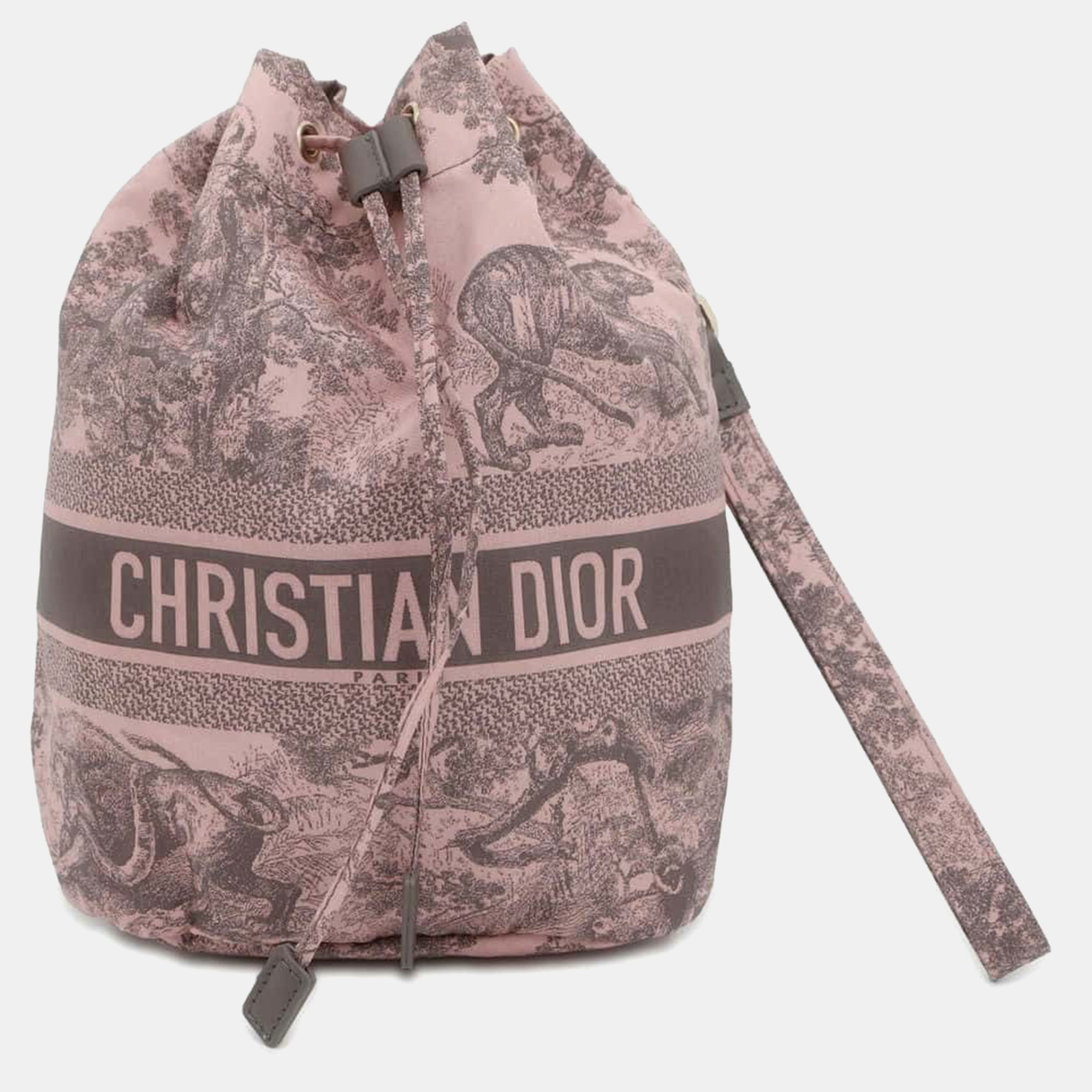 Pre-owned Dior Pink/gray Nylon Leather Toile De Jouy Drawstring Bag Pouch In Grey