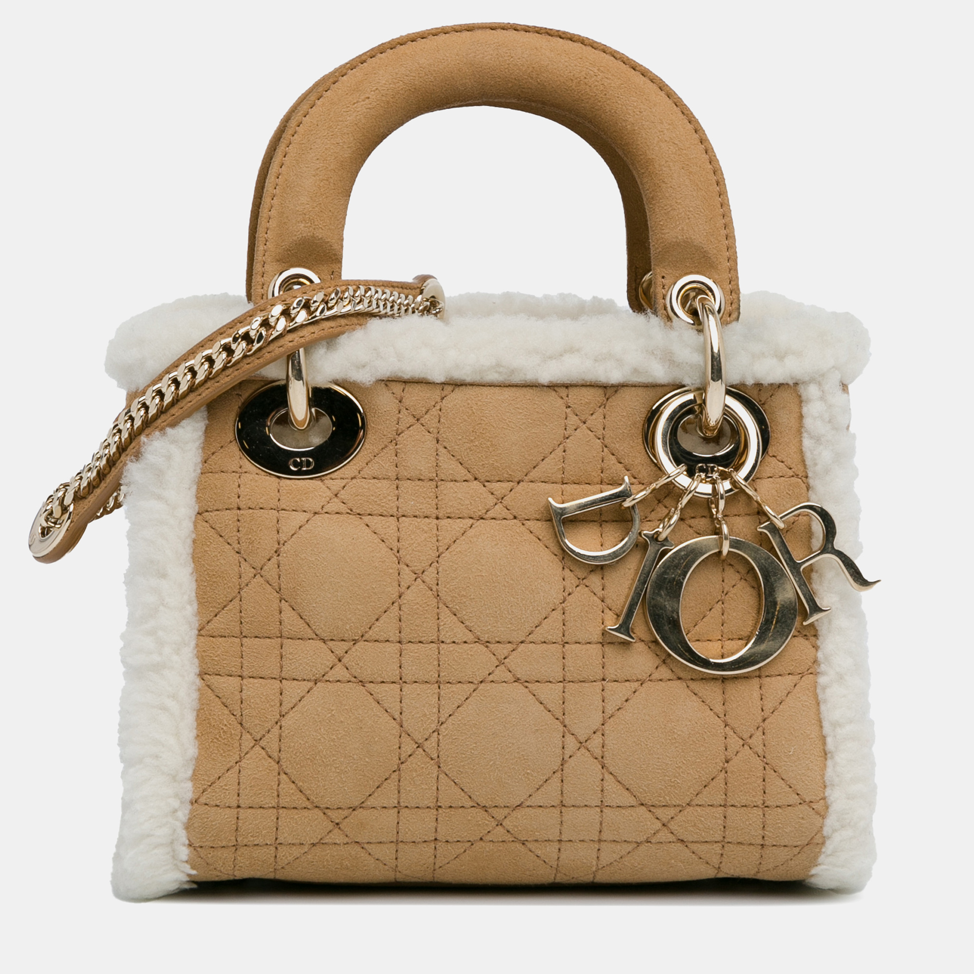 

Dior Mini Suede Shearling Cannage Lady Dior Bag, Brown