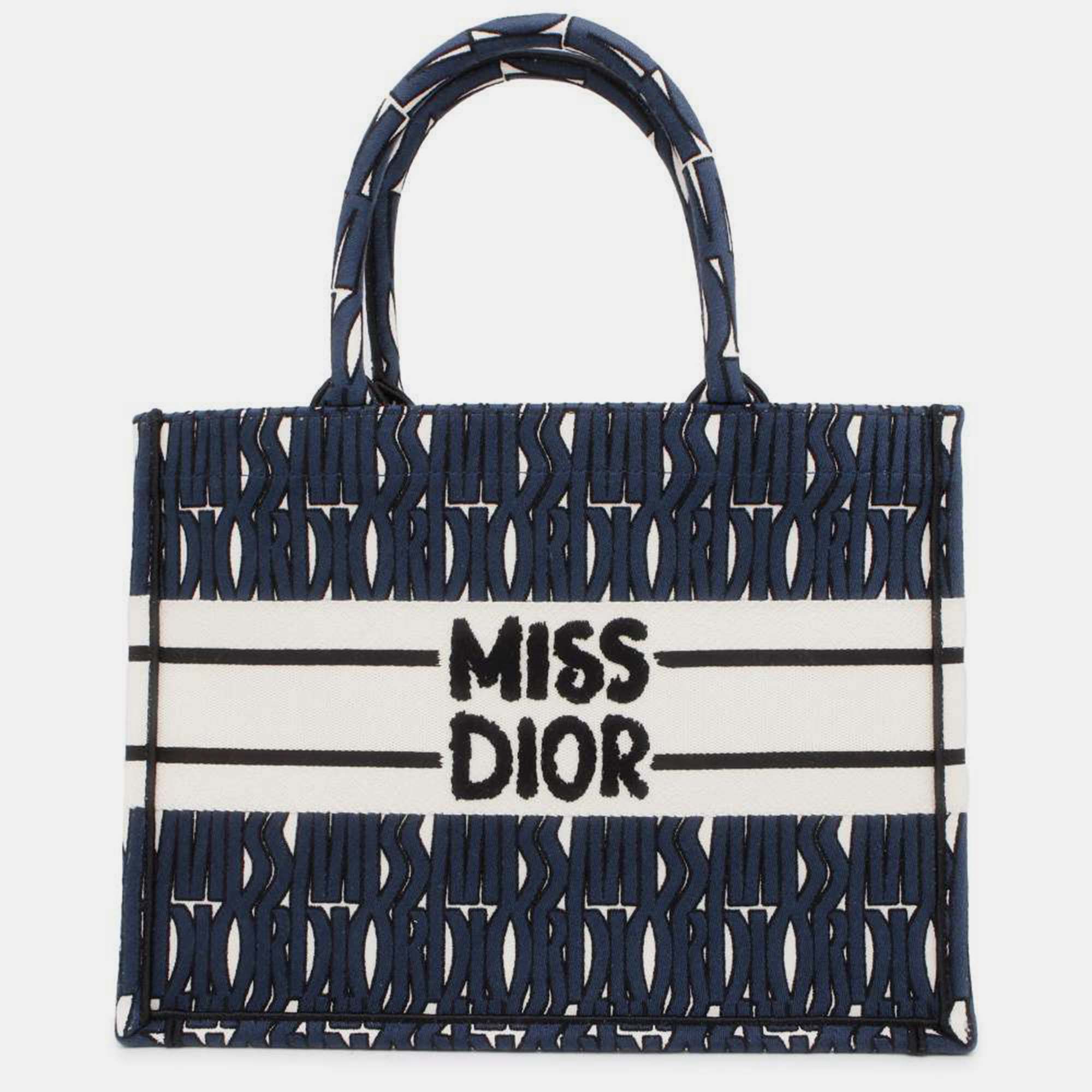 

Dior Navy/White Canvas Allover Embroidery Book Tote Medium Bag, Navy blue