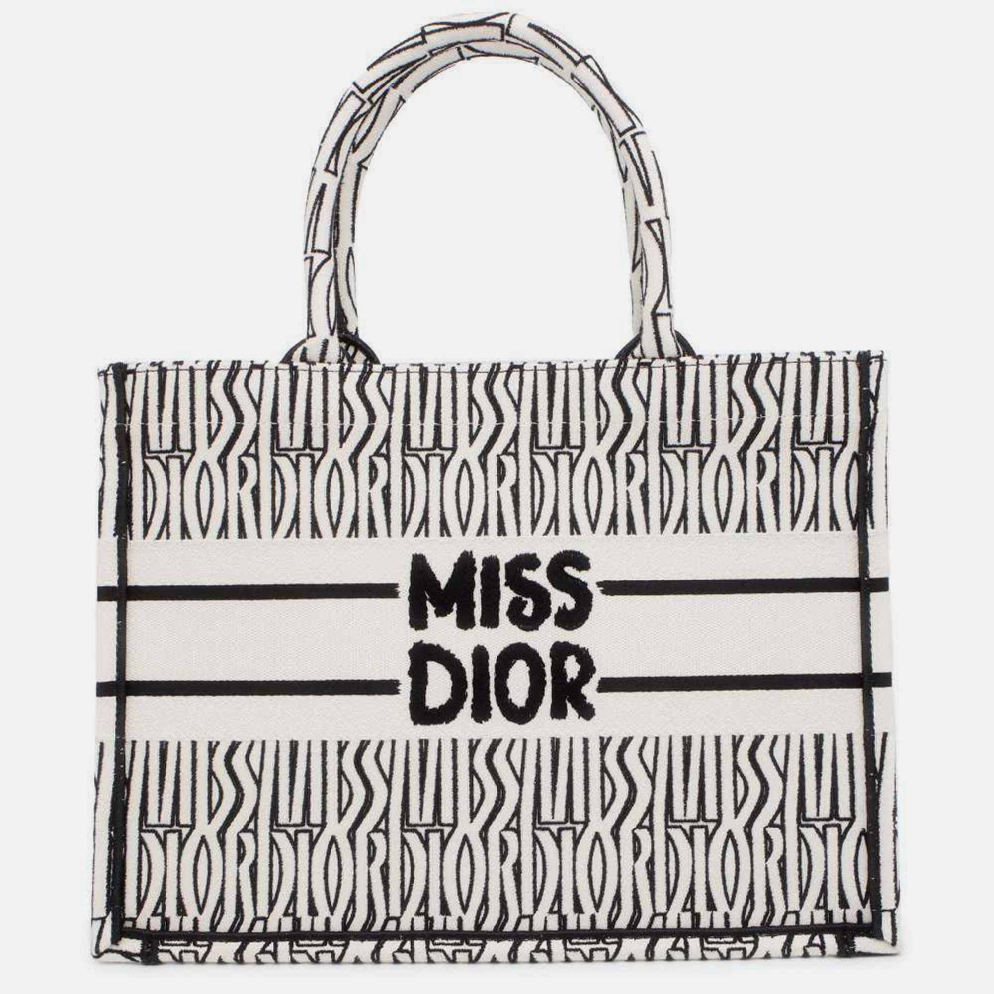 

Dior White/Black Canvas Miss Dior Allover Embroidery Medium Size Book Tote bag