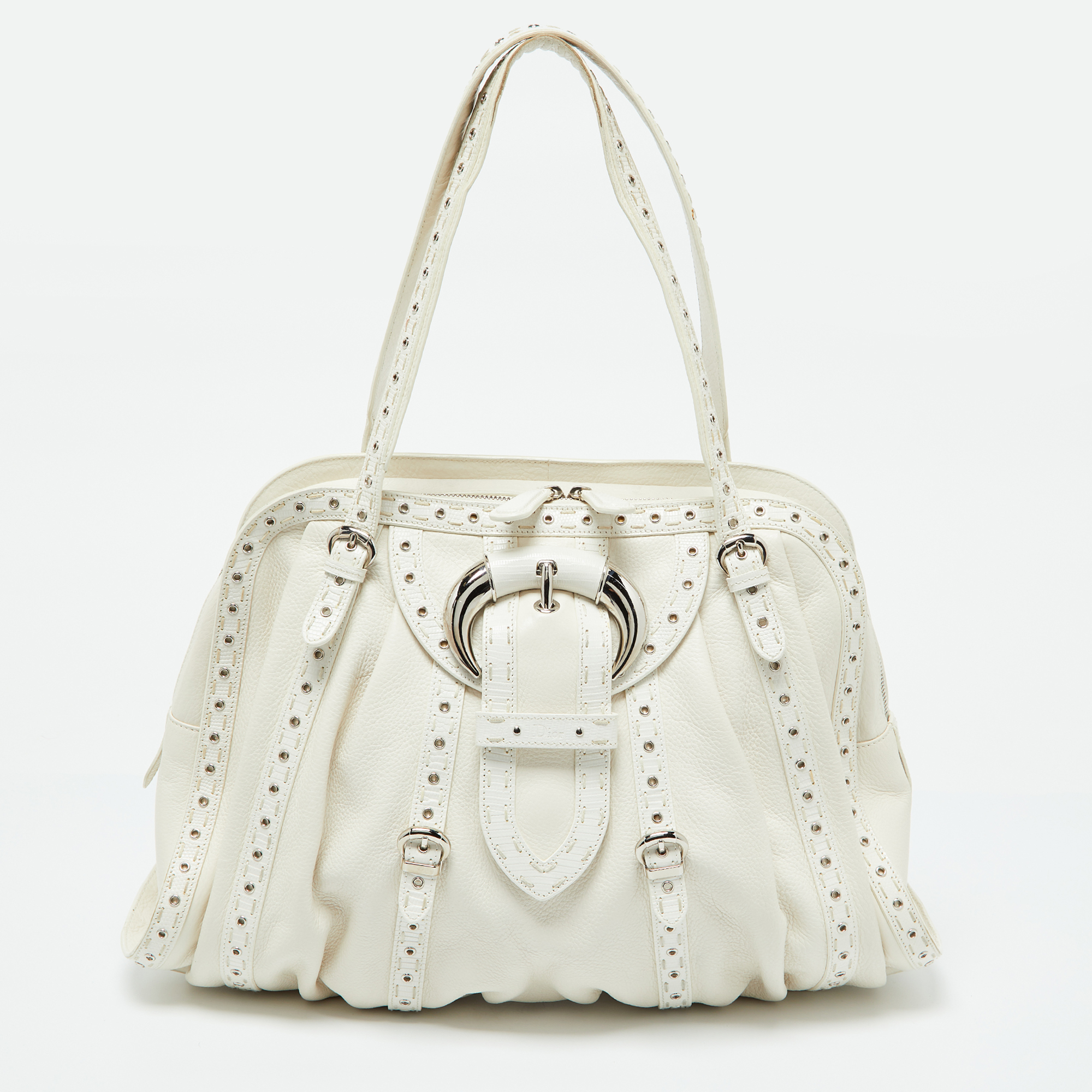 

Dior White Leather Buckle Detail Zip Satchel