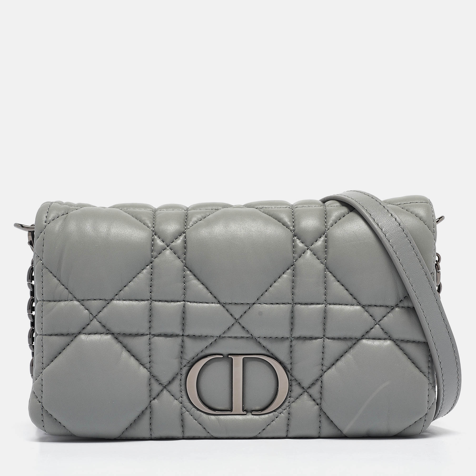 Pre-owned Dior Grey Cannage Leather Mini Caro Crossbody Bag