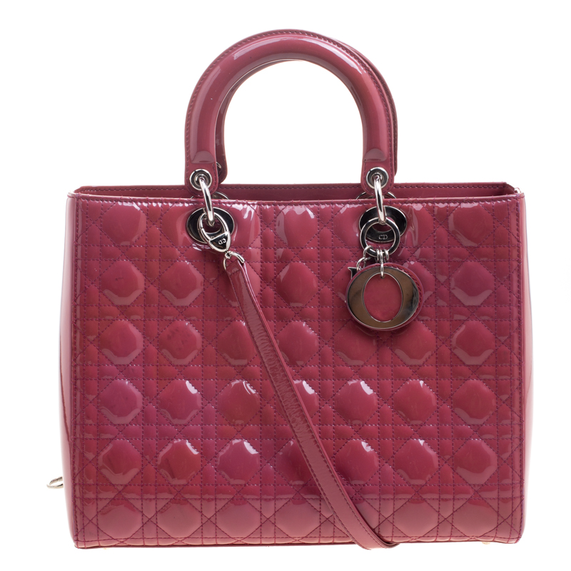 Pre Owned حقيبة ديور ليدي ديور جلد فوشيا وردي لامع كبيرة