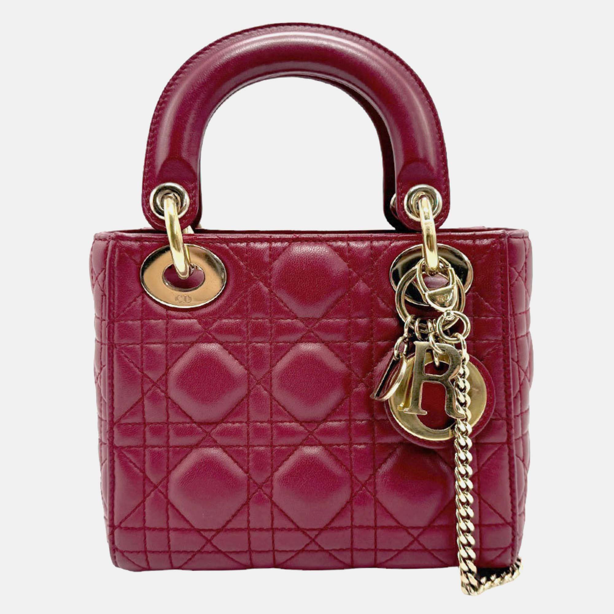 

Dior Wine Leather Mini Lady Dior Top Handle Bag, Red