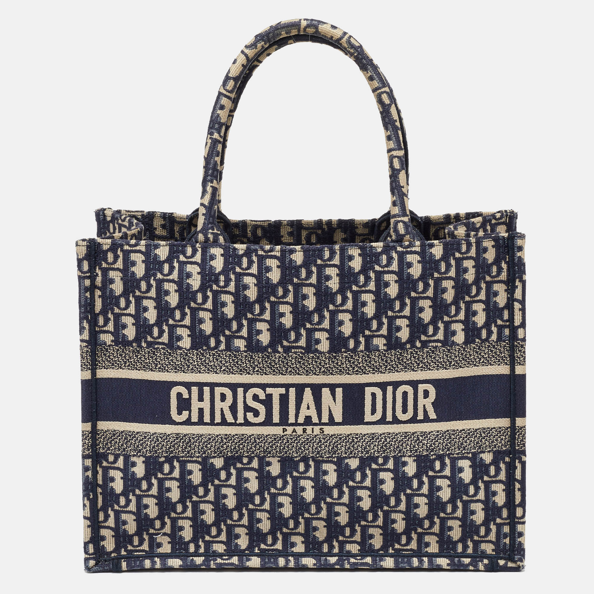 Pre-owned Dior Navy Blue Oblique Embroidered Canvas Medium Book Tote