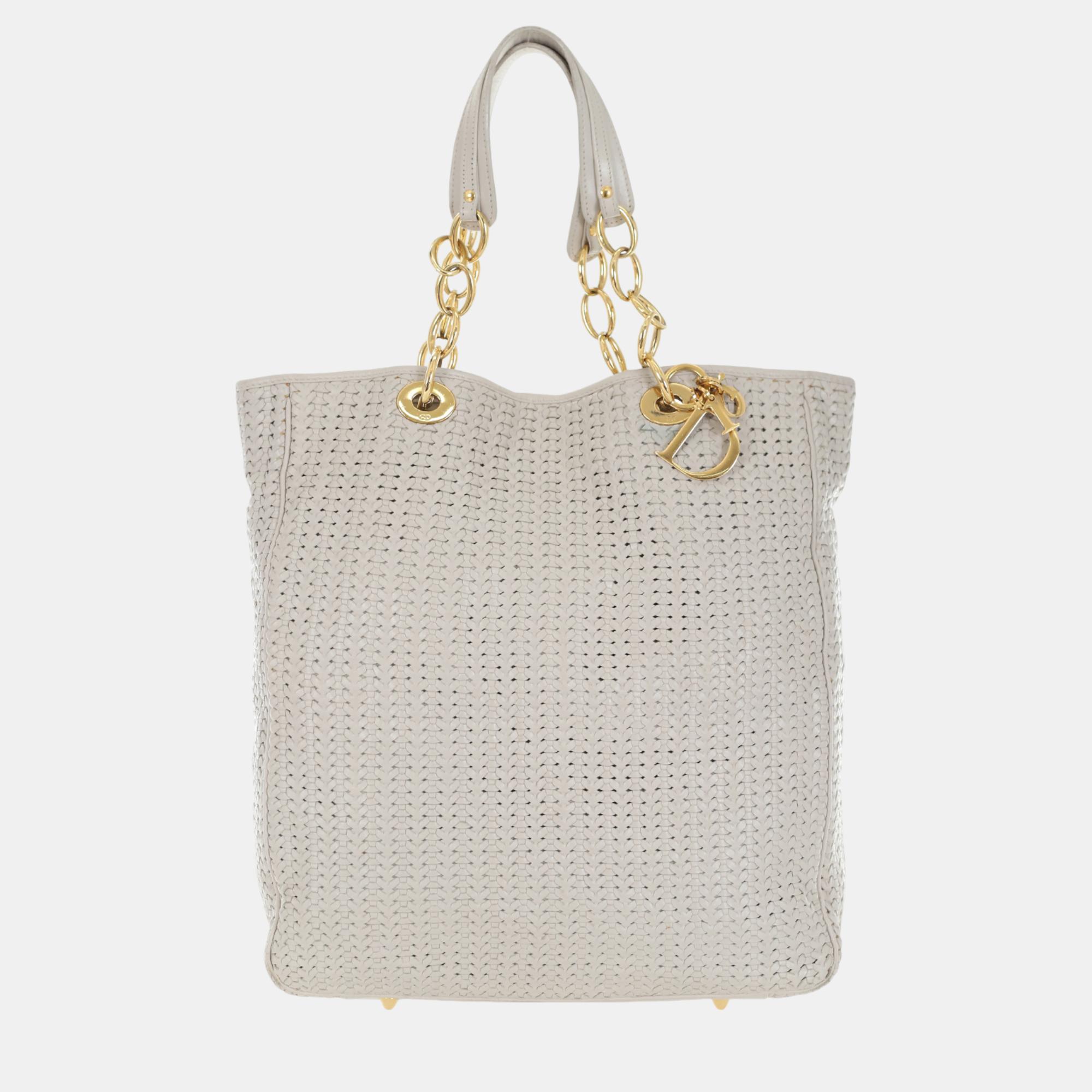 Pre-owned Dior Leather Woven Tote Bag In Grey