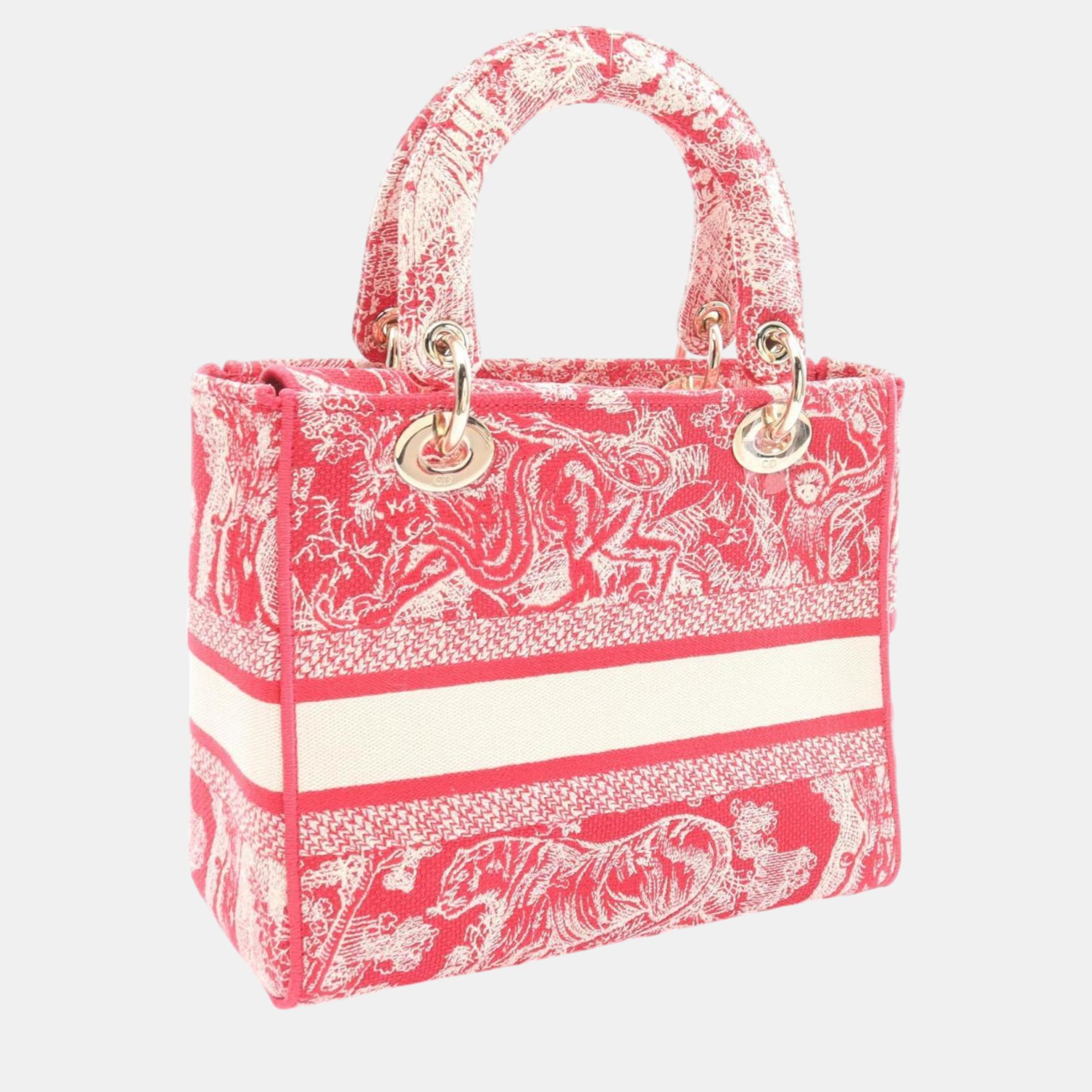 Christian Dior Dior Lady D-Lite Medium Embroidered Canvas Red White Handbag 