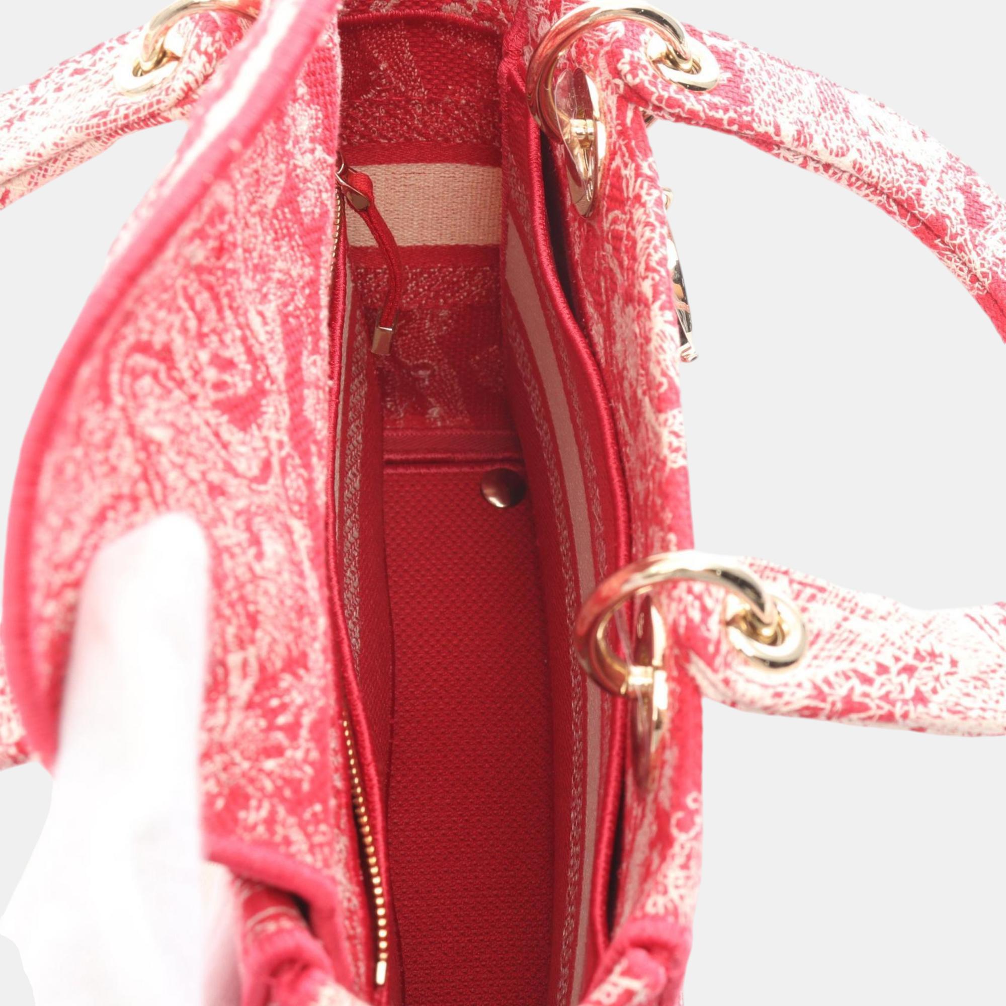 Christian Dior Dior Lady D-Lite Medium Embroidered Canvas Red White Handbag 
