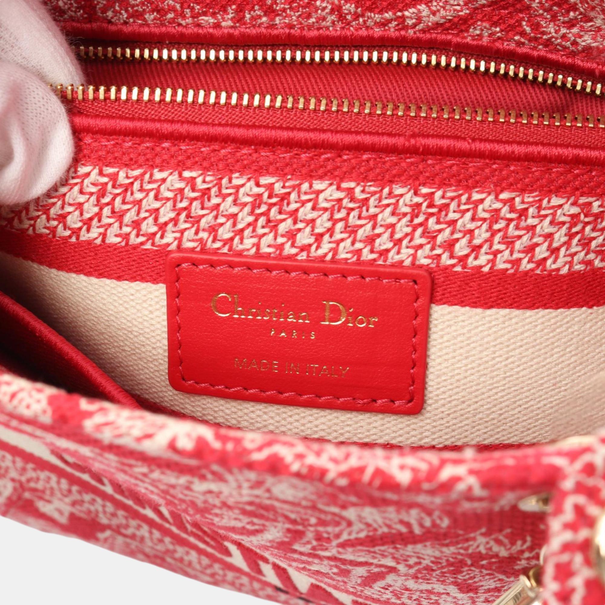 Christian Dior Dior Lady D-Lite Medium Embroidered Canvas Red White Handbag 