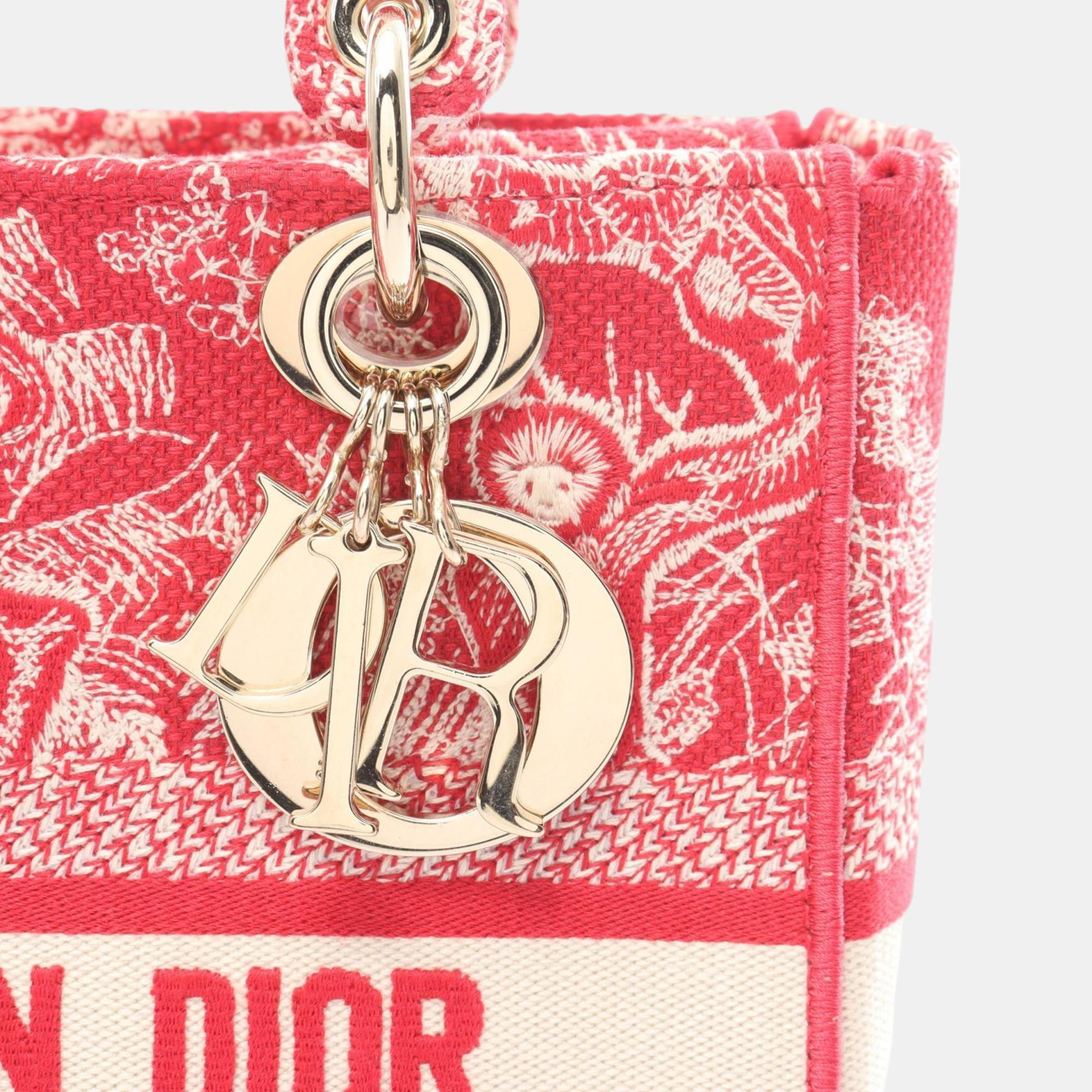 Christian Dior Dior Lady D-Lite Medium Embroidered Canvas Red White Handbag 