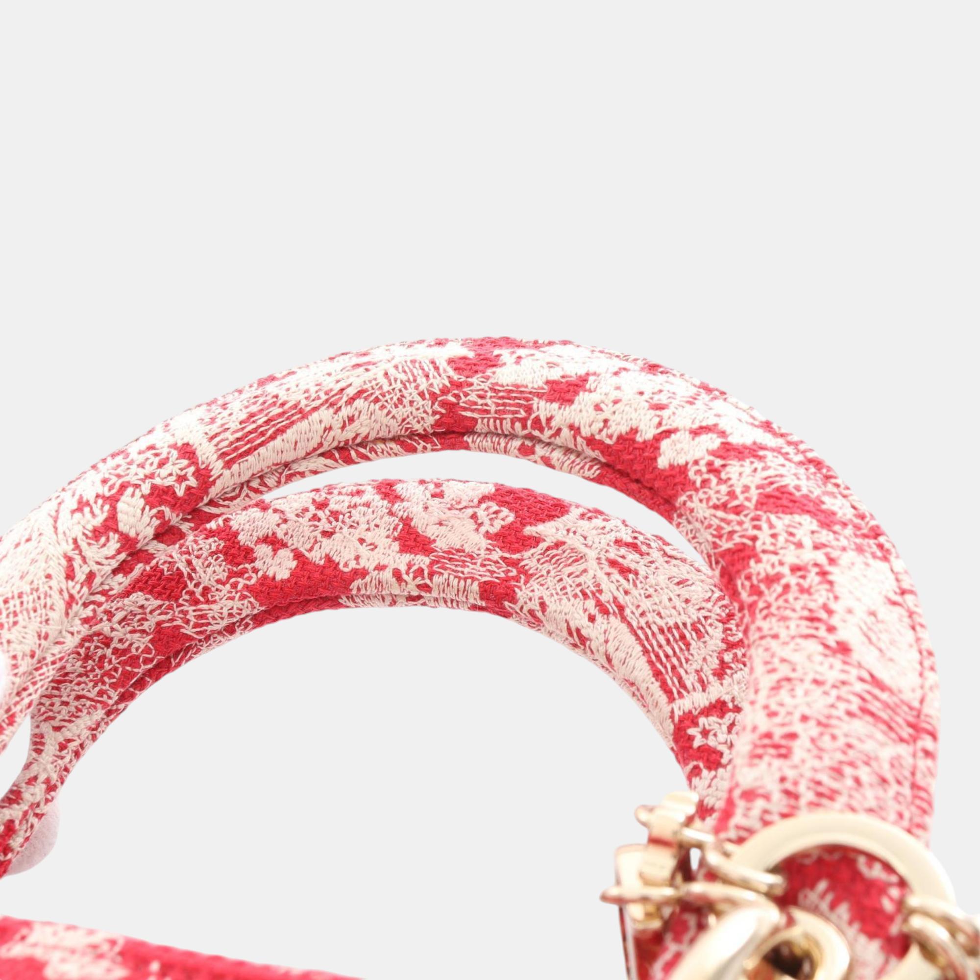 Christian Dior Dior Lady D-Lite Medium Embroidered Canvas Red White Handbag 