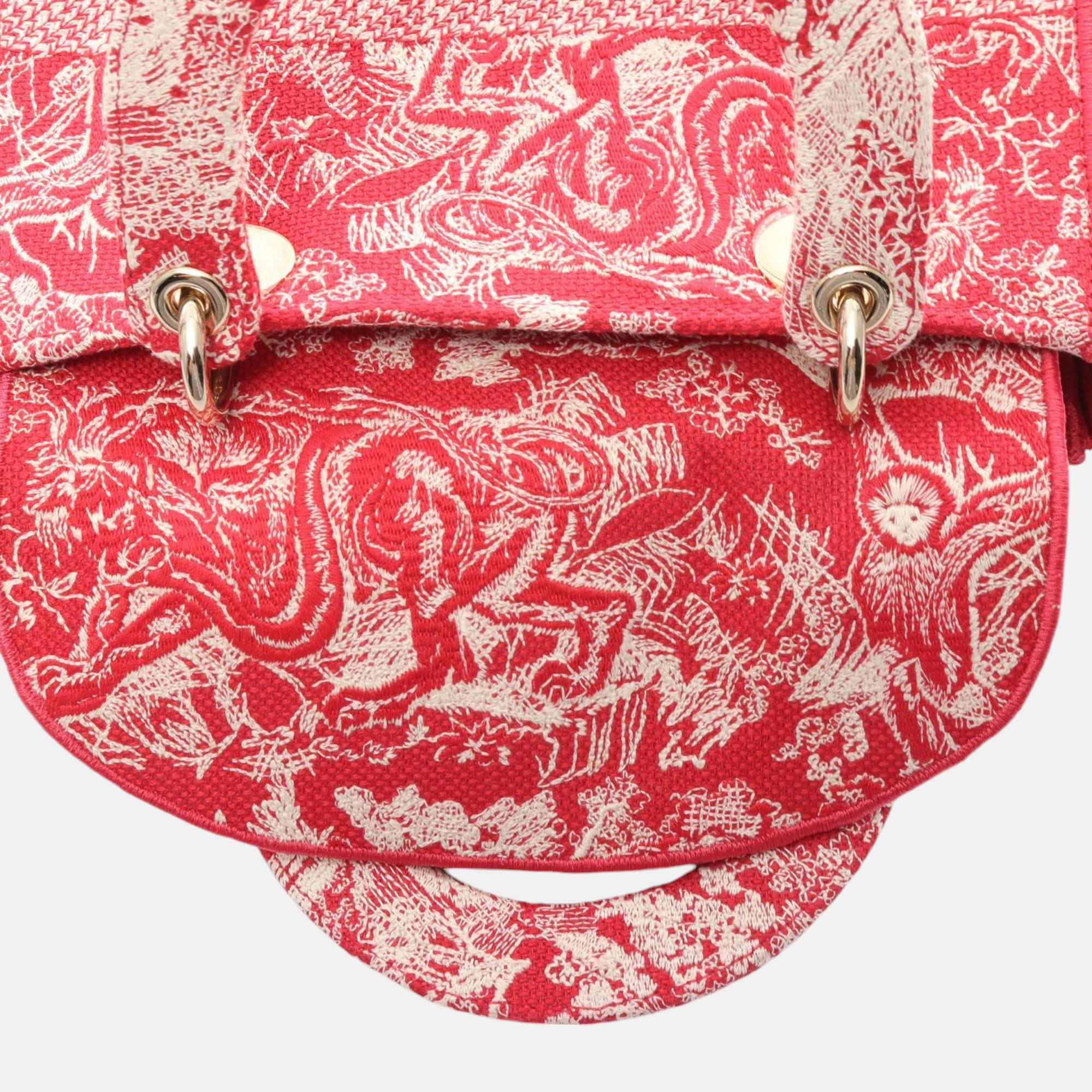 Christian Dior Dior Lady D-Lite Medium Embroidered Canvas Red White Handbag 