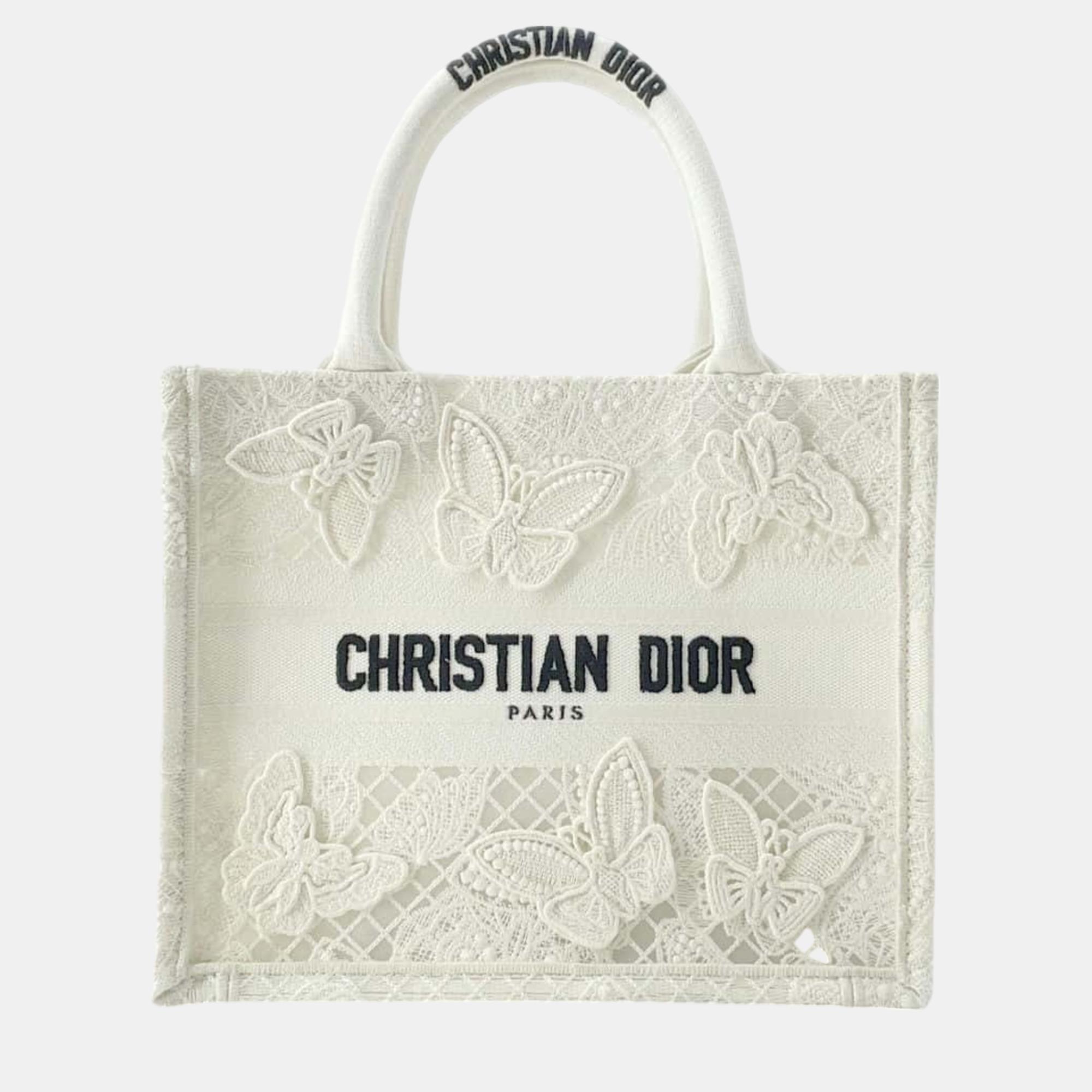 

Christian Dior Book Tote Butterfly Embroidery Small White Handbag