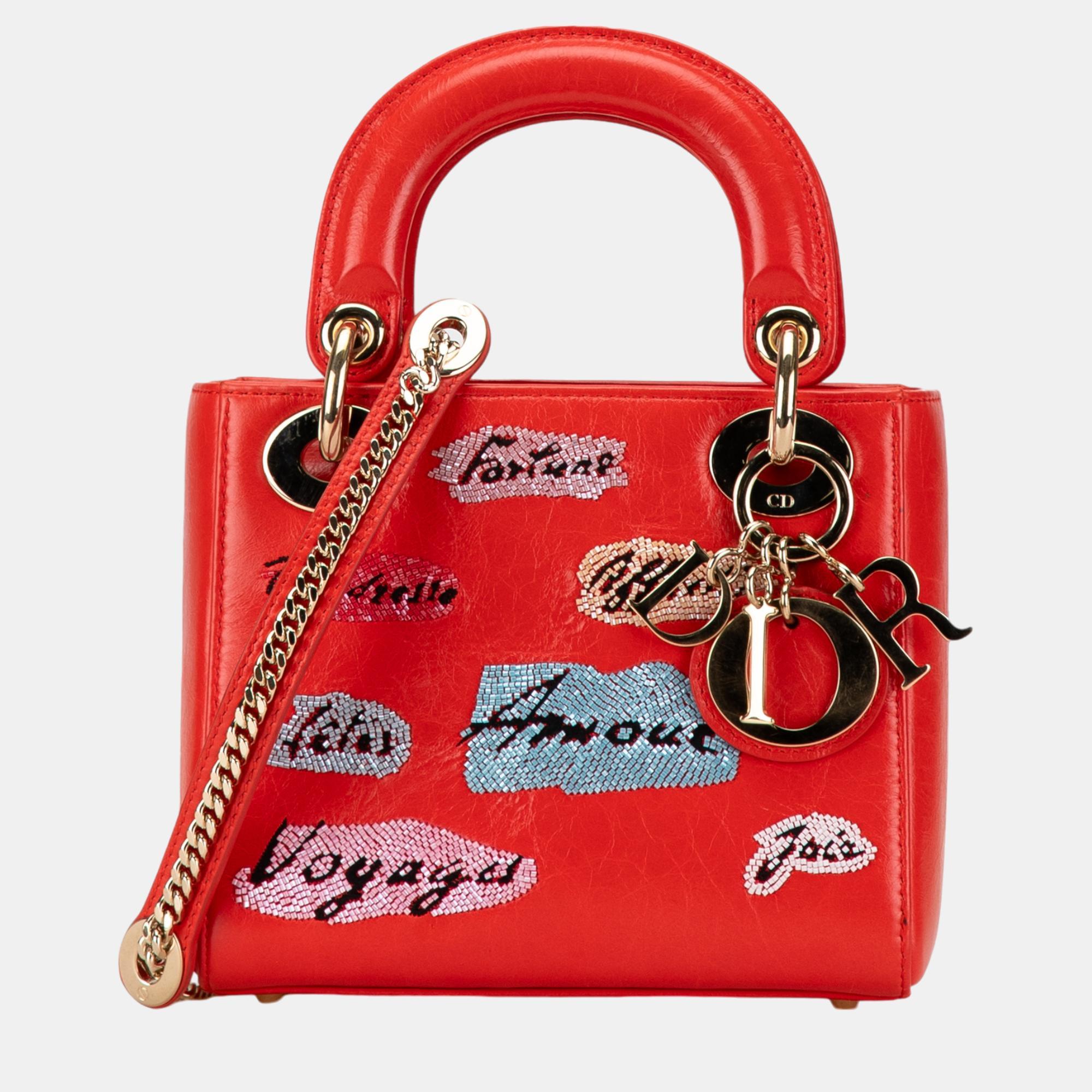 

Dior Red Leather Mini Calfskin Sequin Embellished Lady Dior Bag