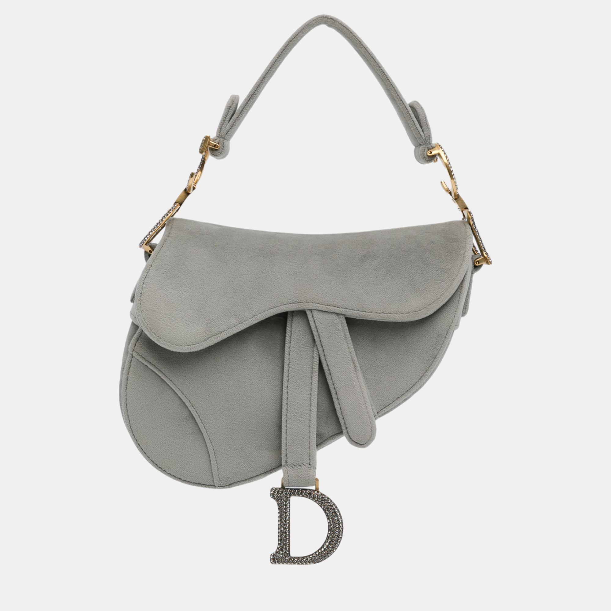 

Dior Grey Mini Velvet Crystal Saddle Bag