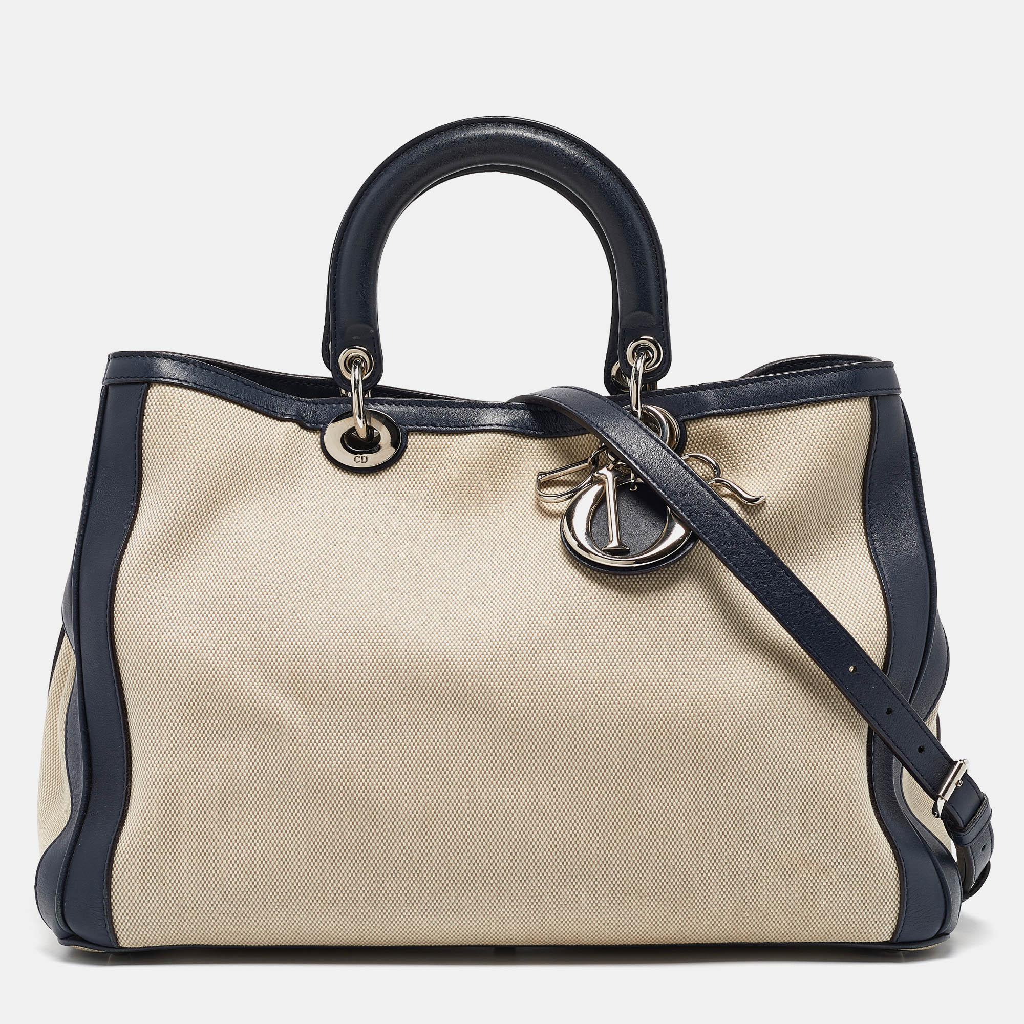 

Dior Navy Blue/natural Canvas and Leather  Diorissimo Shopper Tote