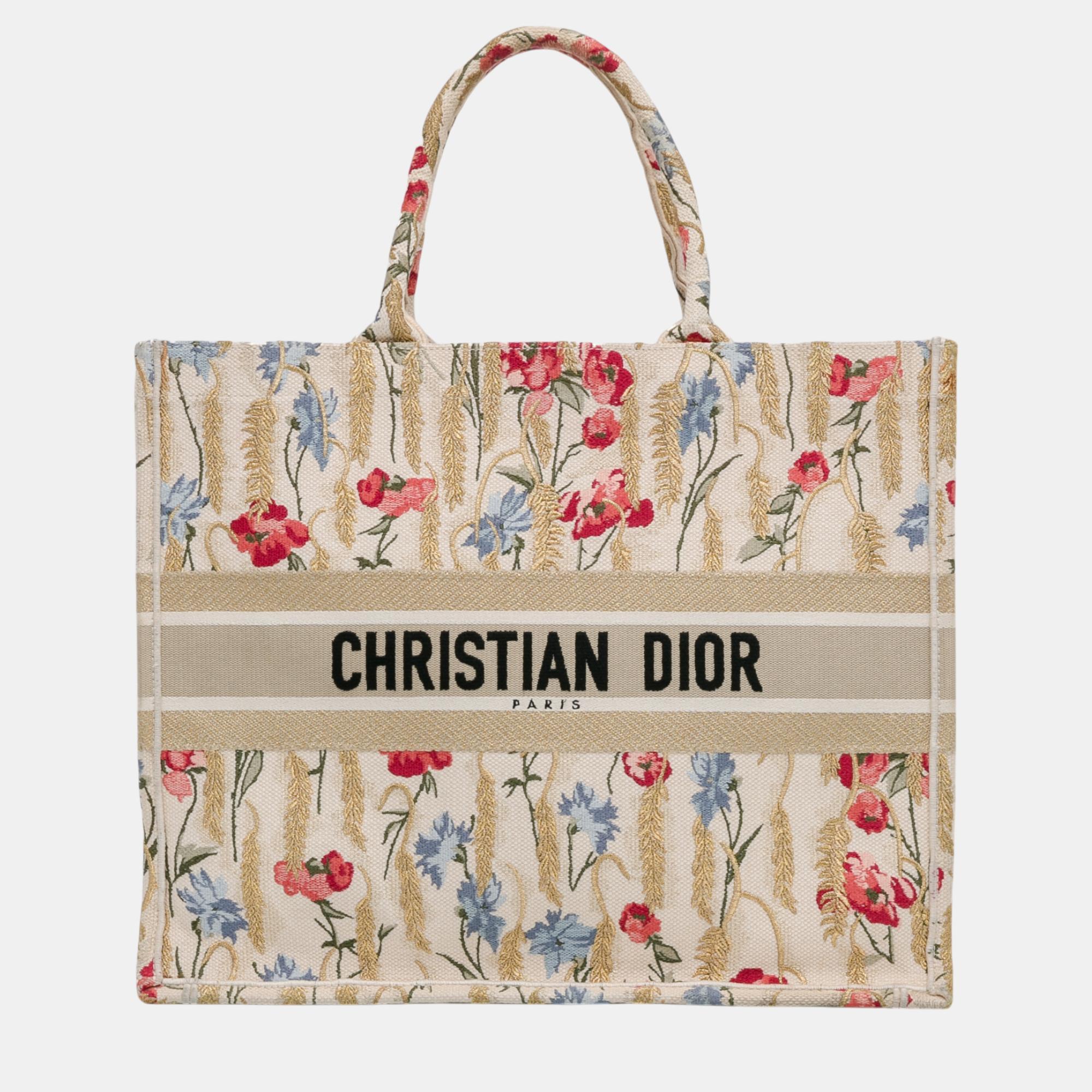 

Dior Large Embroidered Hibiscus Book Tote Bag, Beige