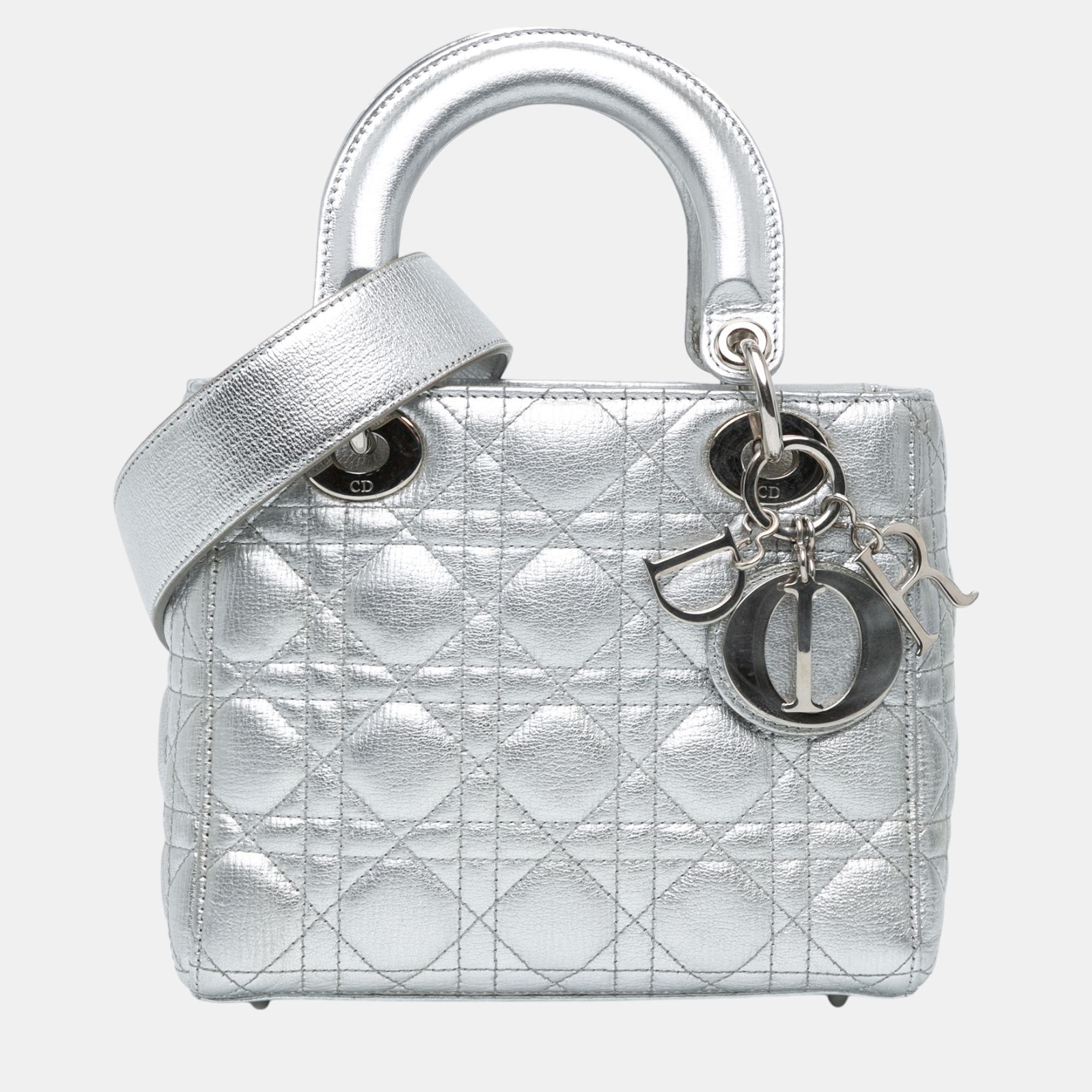 

Dior Small Metallic Grained Calfskin Cannage Lucky Badges My Lady Dior Bag, Silver