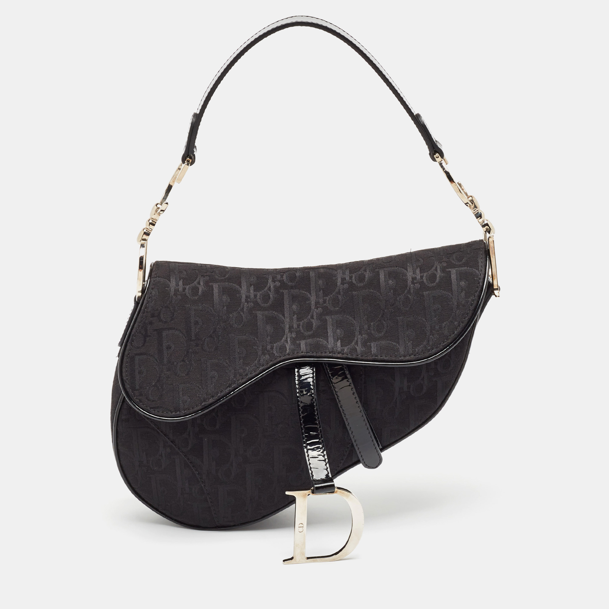 

Dior Black Oblique Canvas and Patent Leather  Saddle Bag