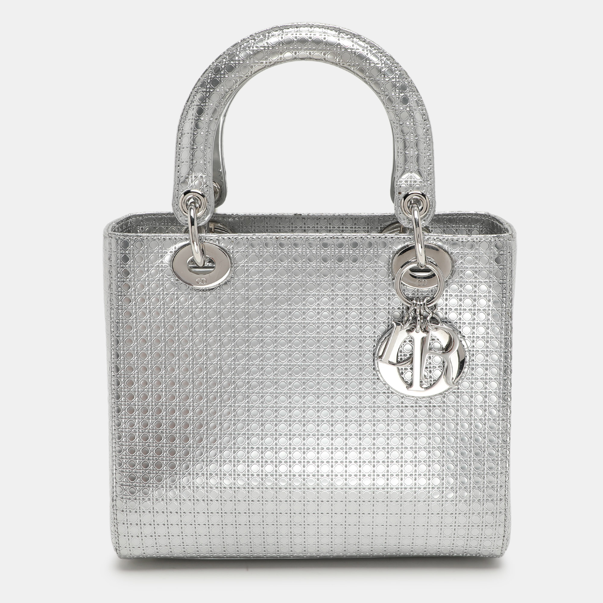 

Dior Silver Cannage Leather Medium Lady Dior Top Handle Bag