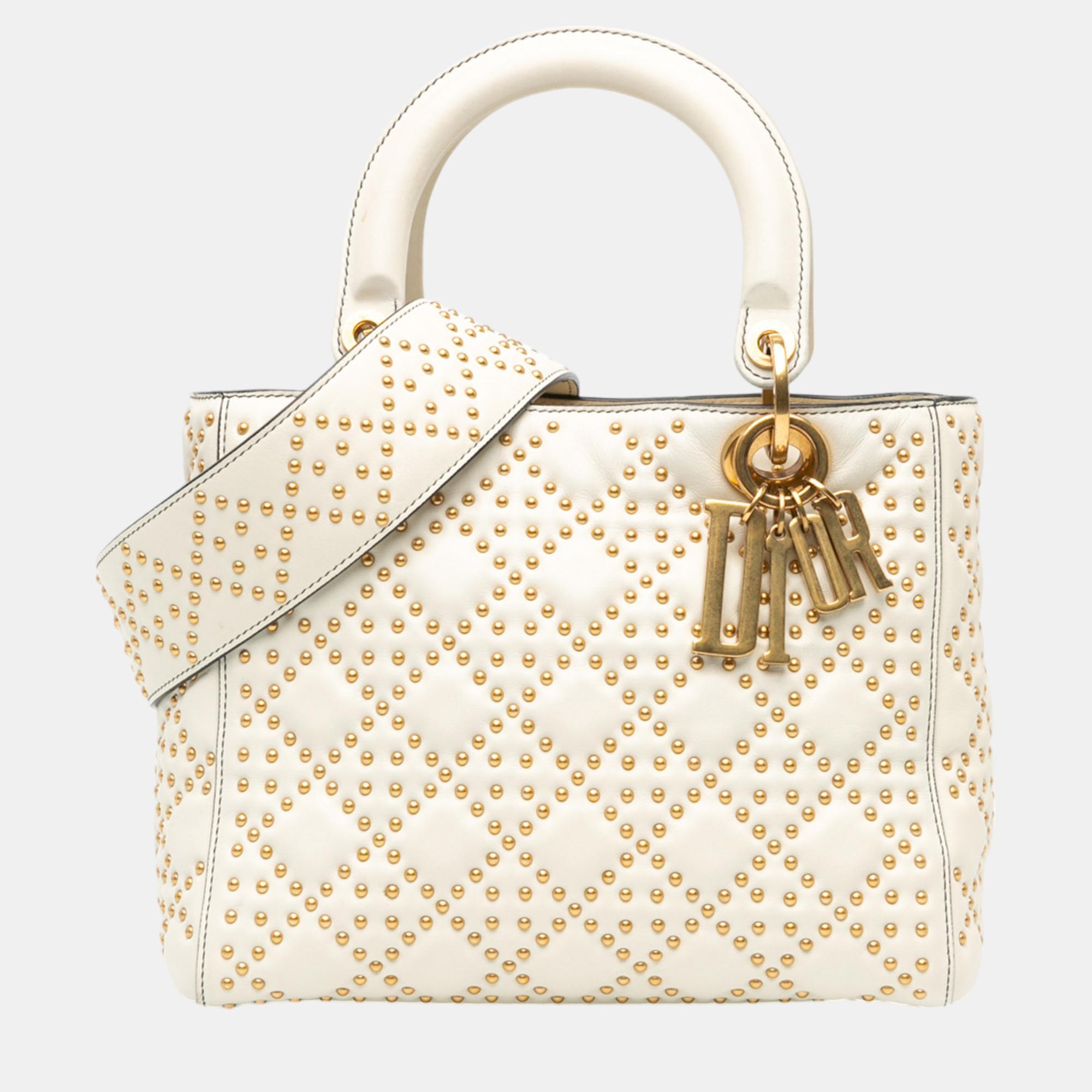 

Dior White Medium Lambskin Cannage Studded Supple Lady Dior