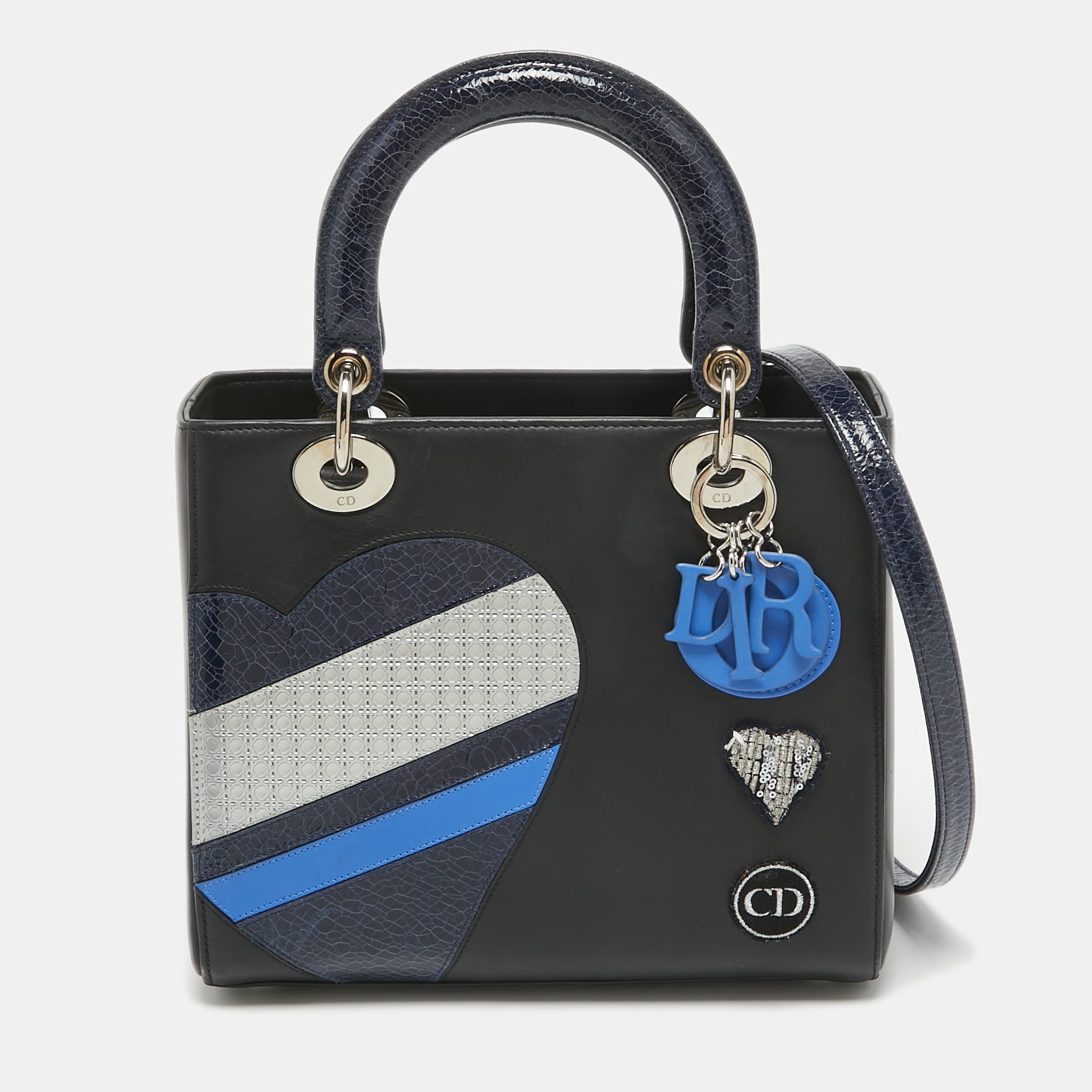 

Dior Black/Blue Crackled Patent and Leather  Patch Embellished Lady Dior Tote