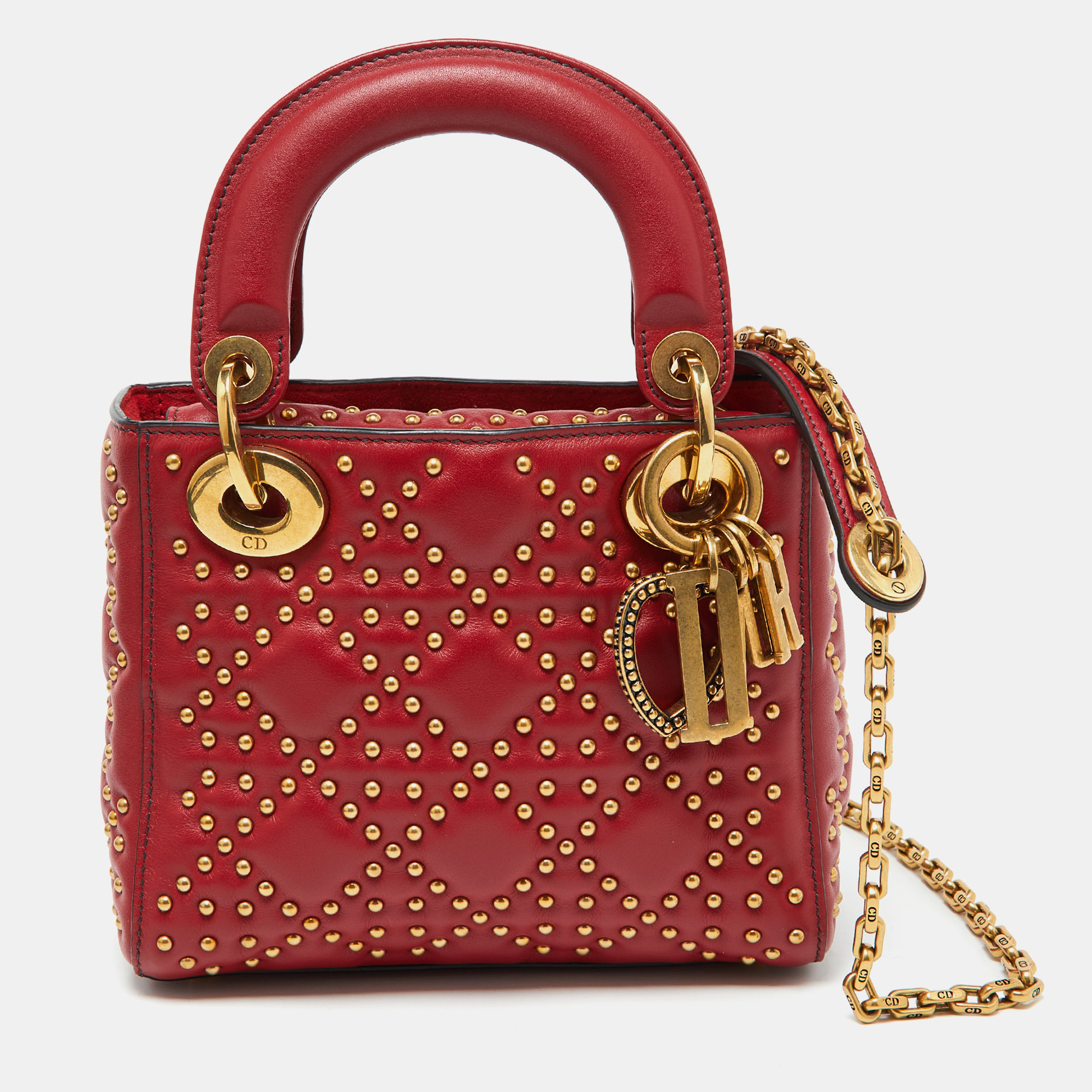 

Dior Red Leather Mini Studded Supple Lady Dior Tote