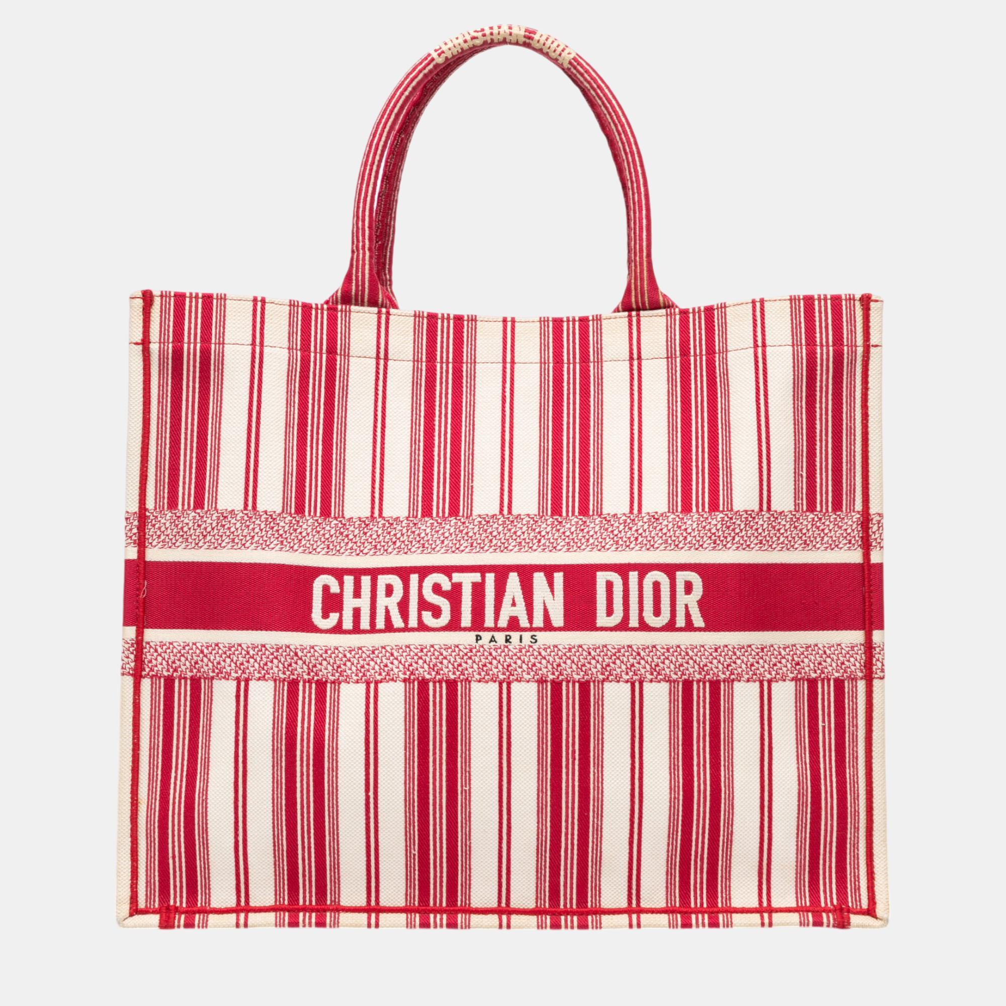 Pre-owned Dior Red Large Striped Book Tote