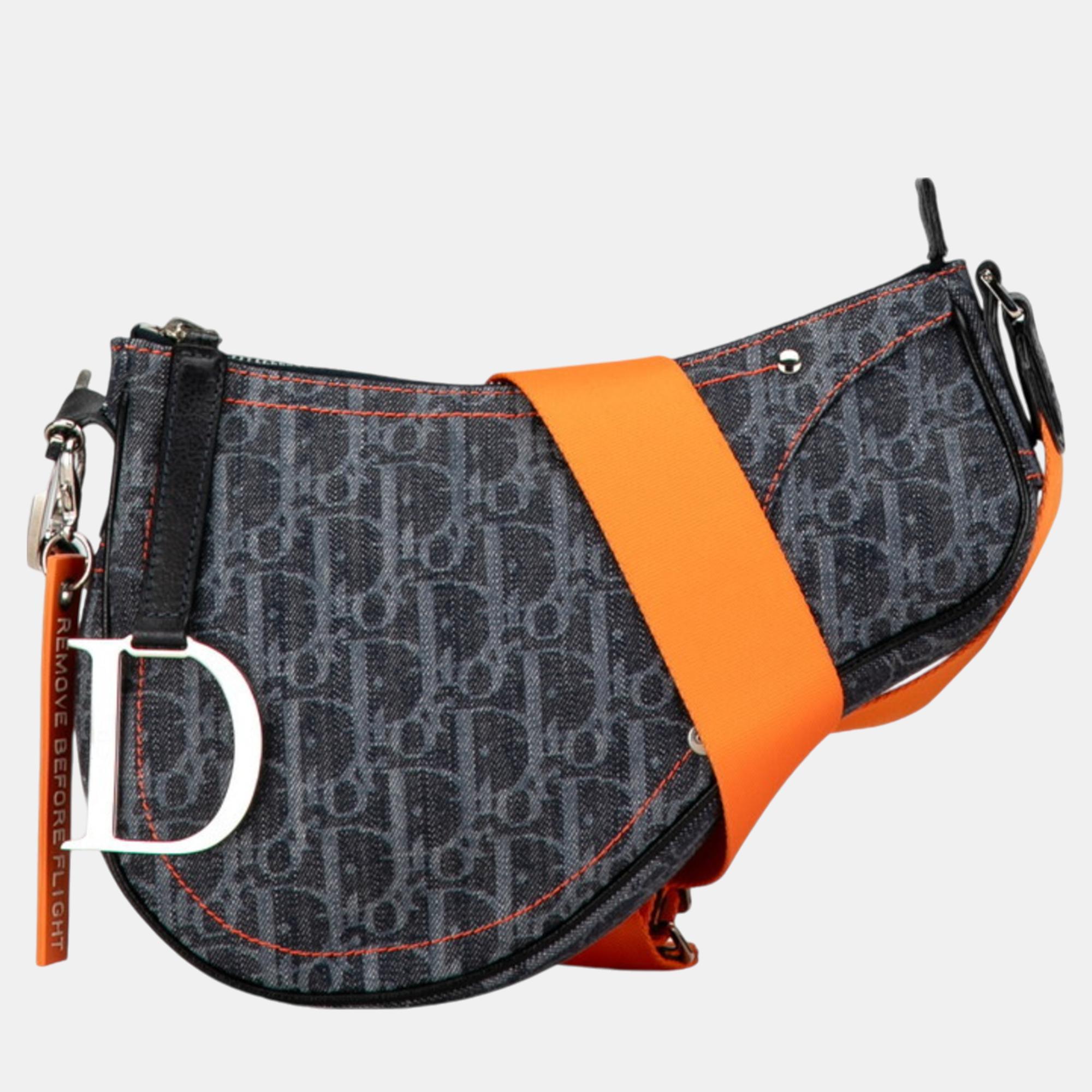 

Christian Dior Indigo Blue Orange Canvas Dior Trotter Saddle Flight Line Shoulder Bag