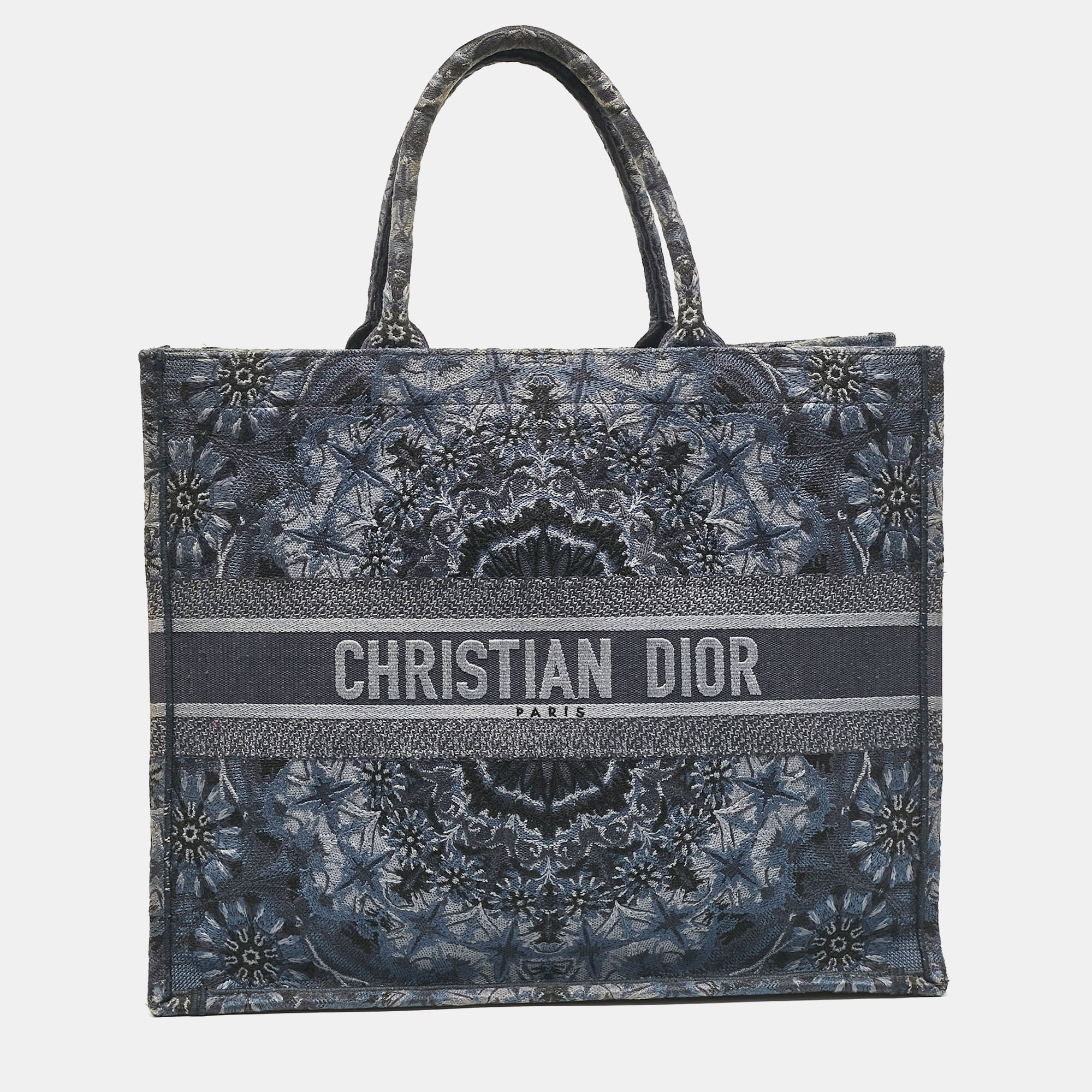 

Dior Navy Blue Flower Embroidered Denim Large Book Tote