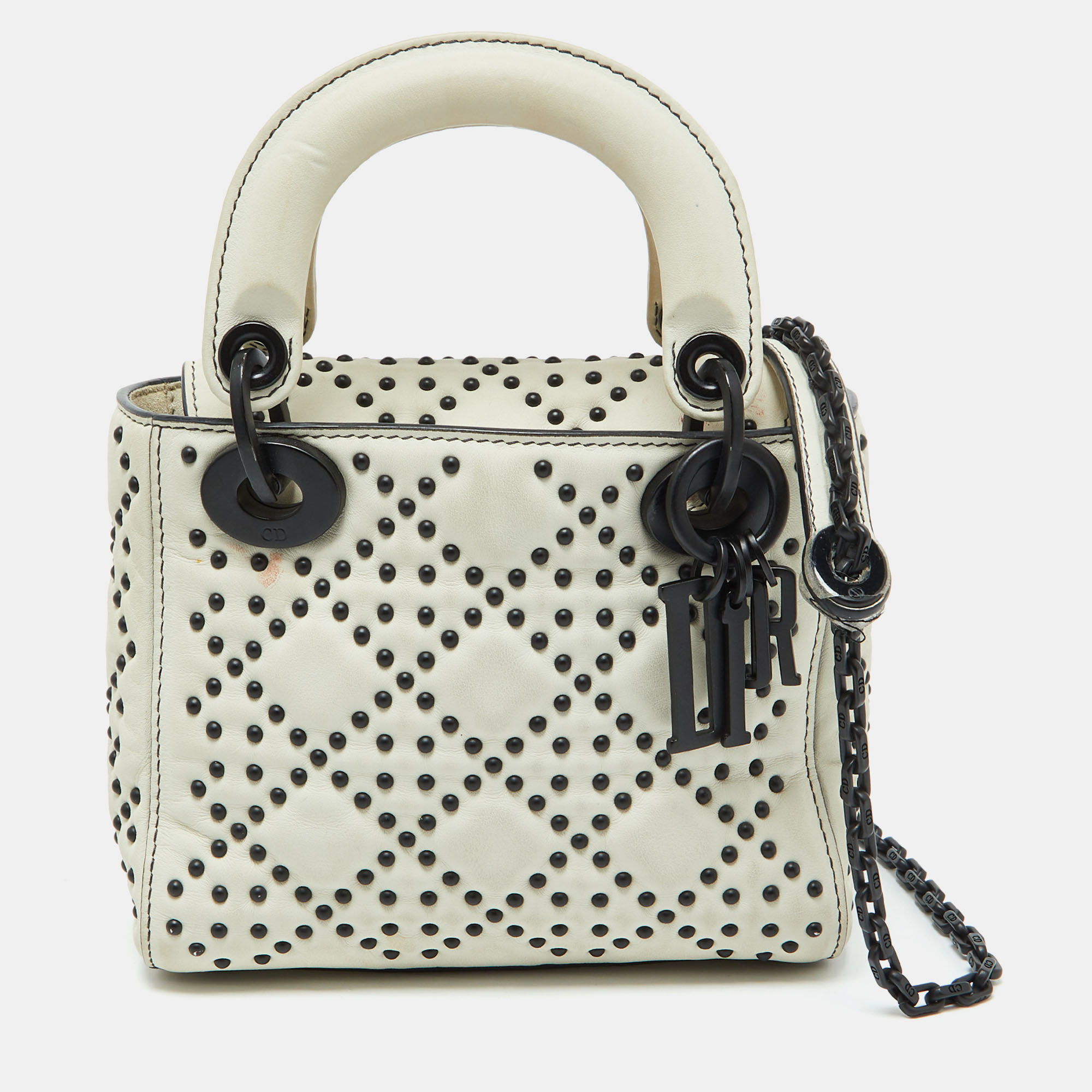 

Dior White Leather Studded Cannage Mini Lady Dior Tote