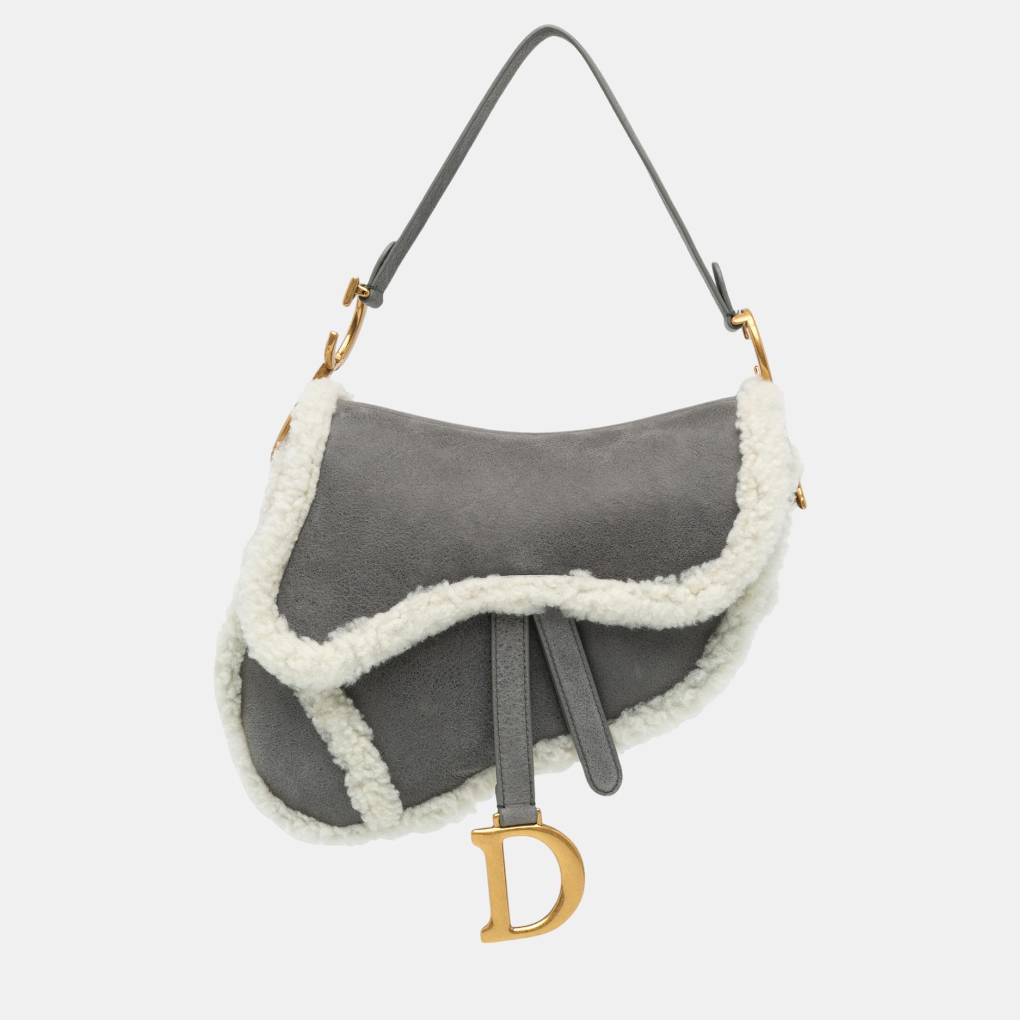 Pre-owned Dior Grey Medium Shearling Suede Saddle