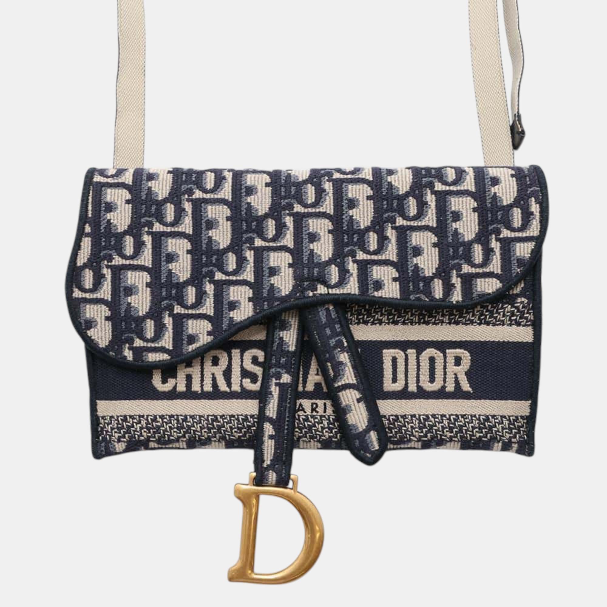 

Dior Navy Canvas Oblique Saddle Slim Pouch, Navy blue