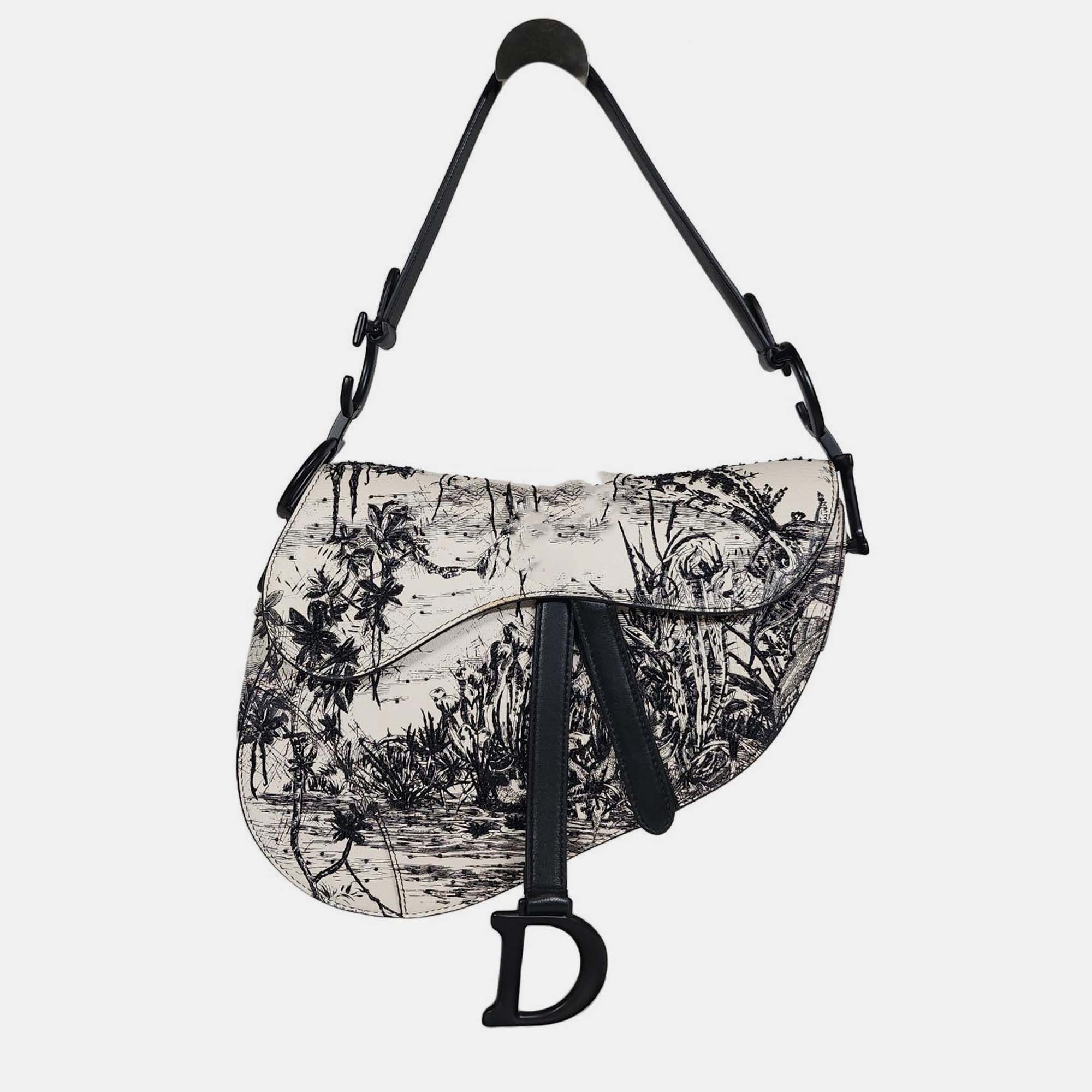 

Christian Dior Black and White Beaded Toile De Jouy Saddle Bag