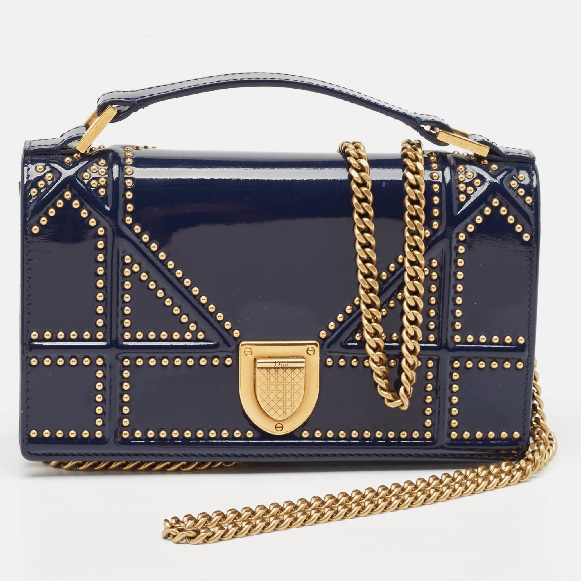 

Dior Navy Blue Patent Leather Studded Diorama Top Handle Bag