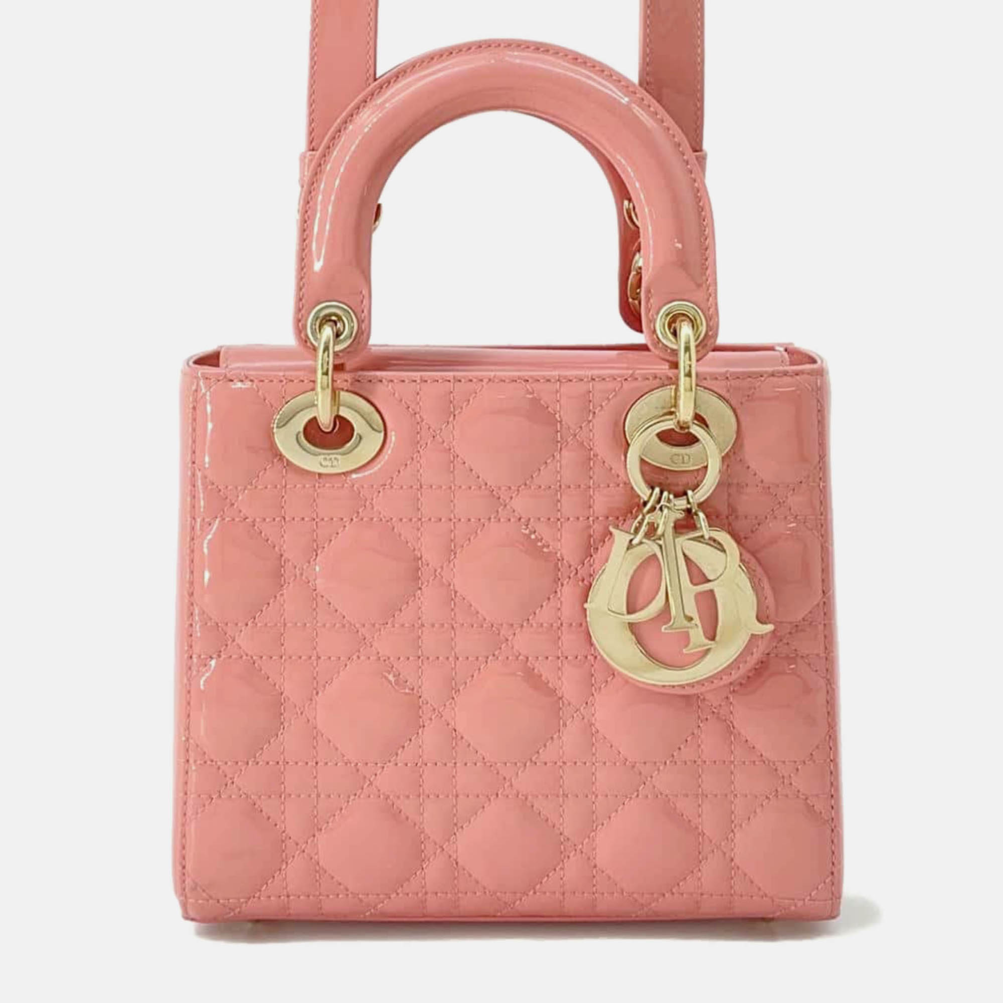 

Dior salmon pink Patent Leather Lady Dior Canage Bag Size Small