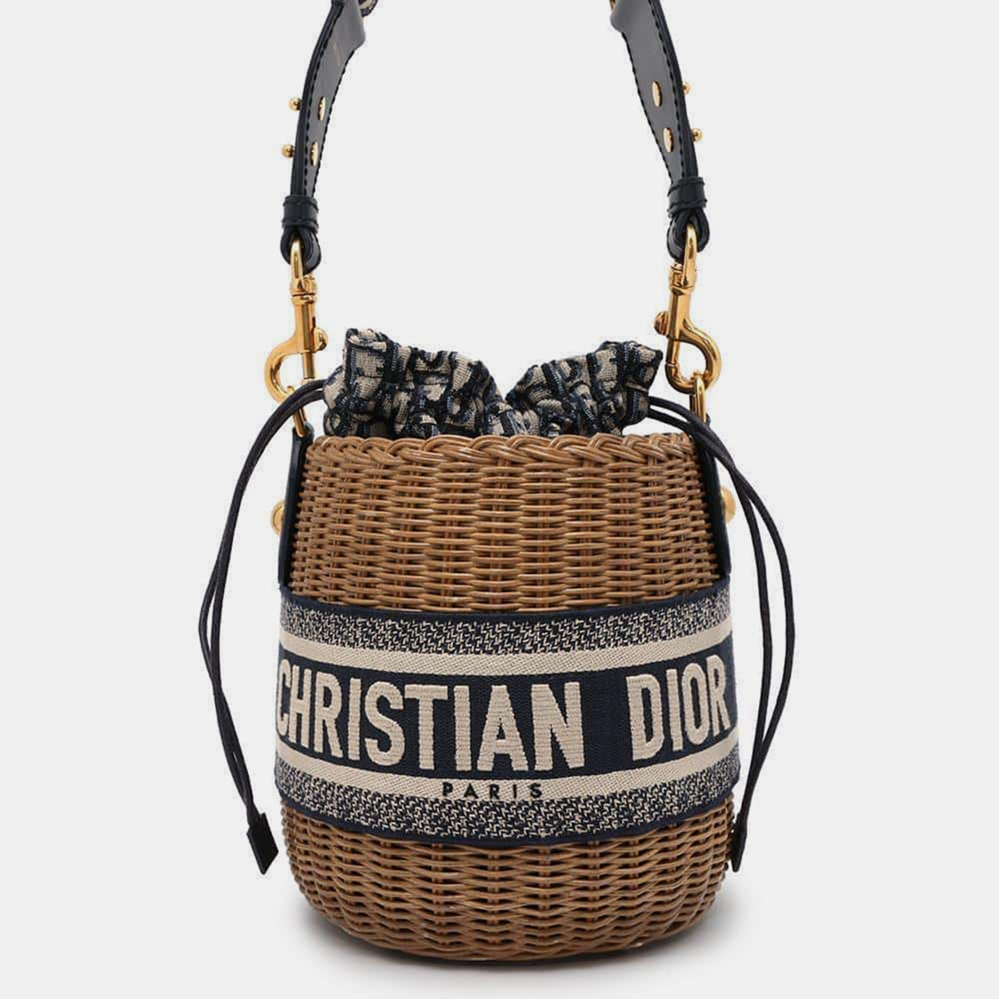 

Dior Beige/Navy Rattan Canvas Wicker Oblique bucket bag