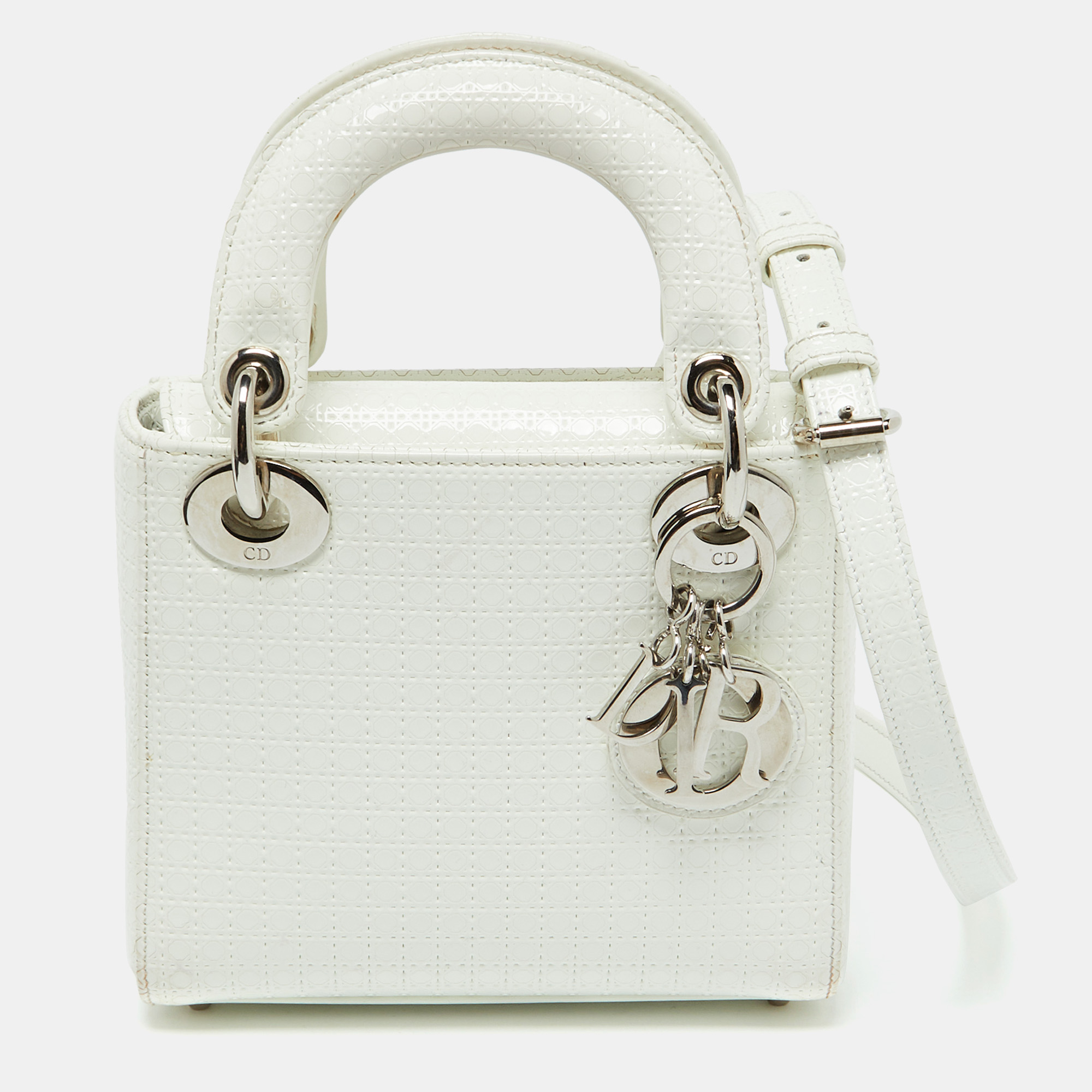 

Dior White Microcannage Patent Leather Mini Lady Dior Tote