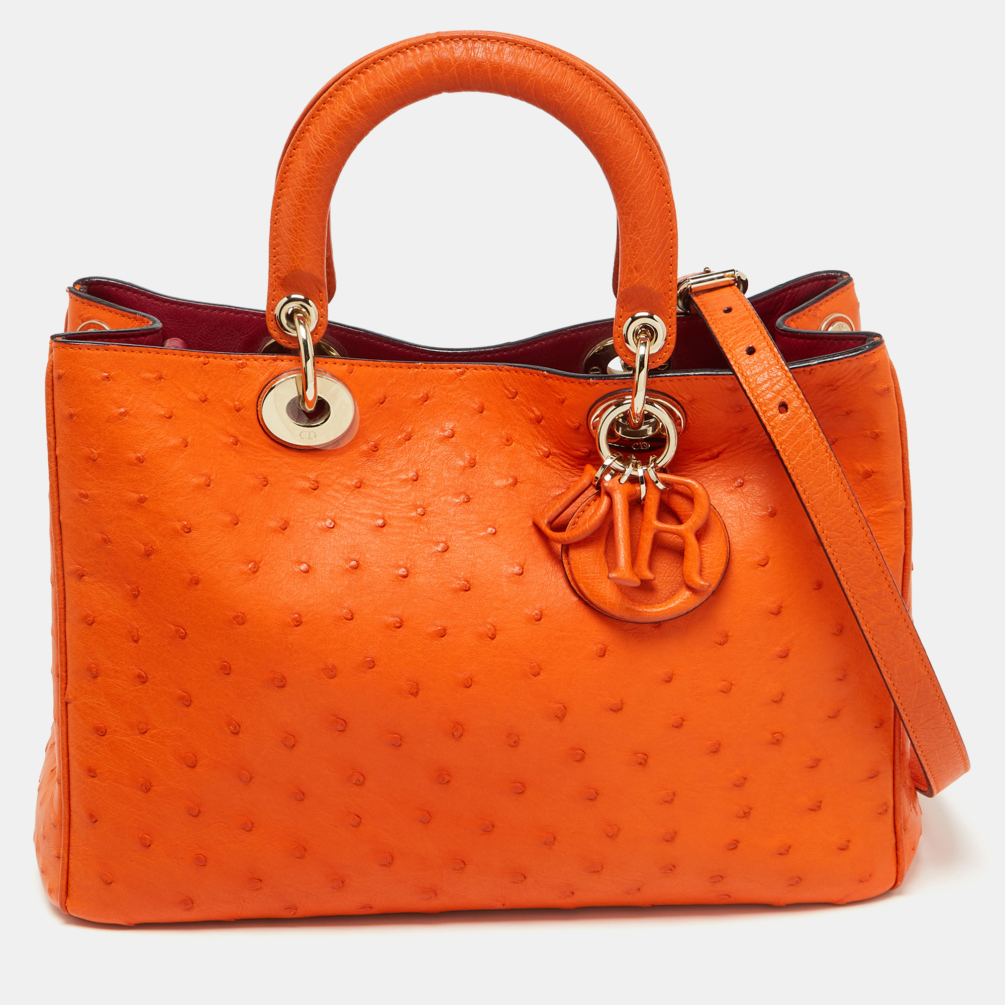 

Dior Orange Ostrich Medium Diorissimo Shopper Tote