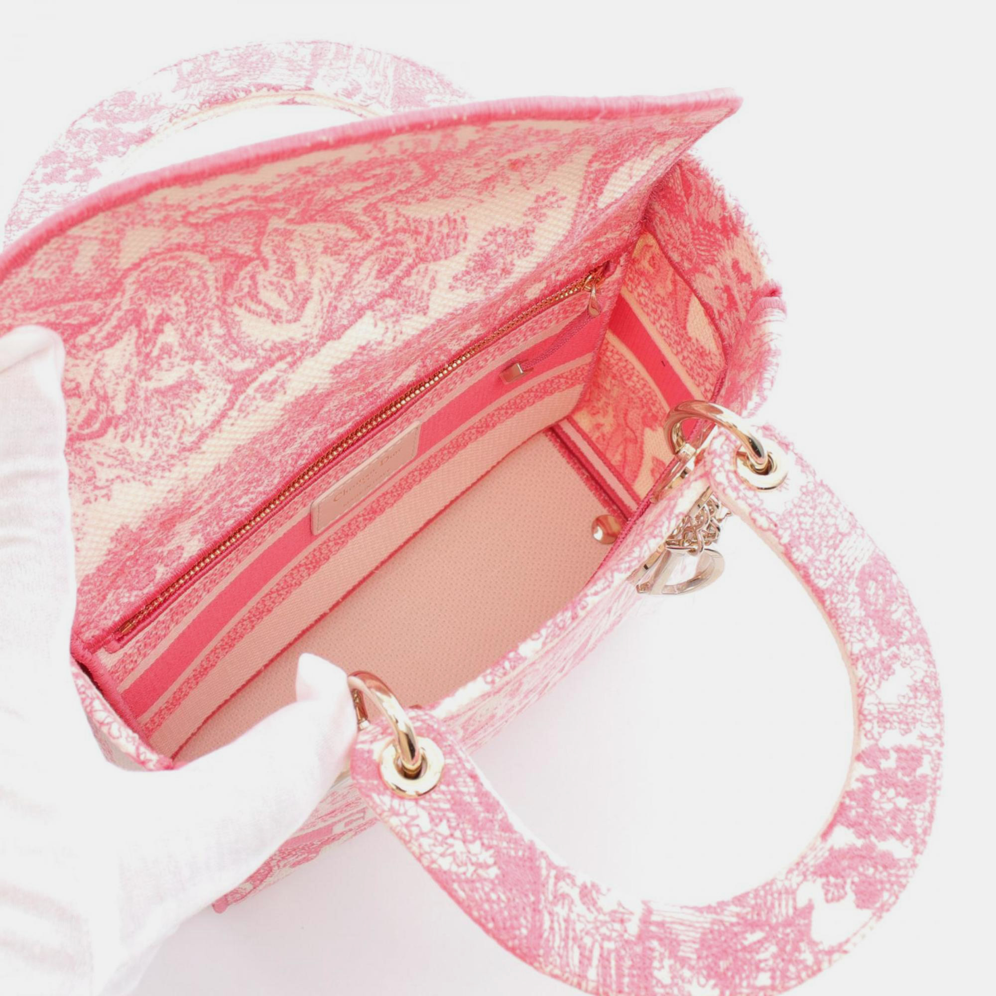 Christian Dior Pink White Canvas Dioriviera Lady D-Lite Medium Toile de Jouy Handbag 