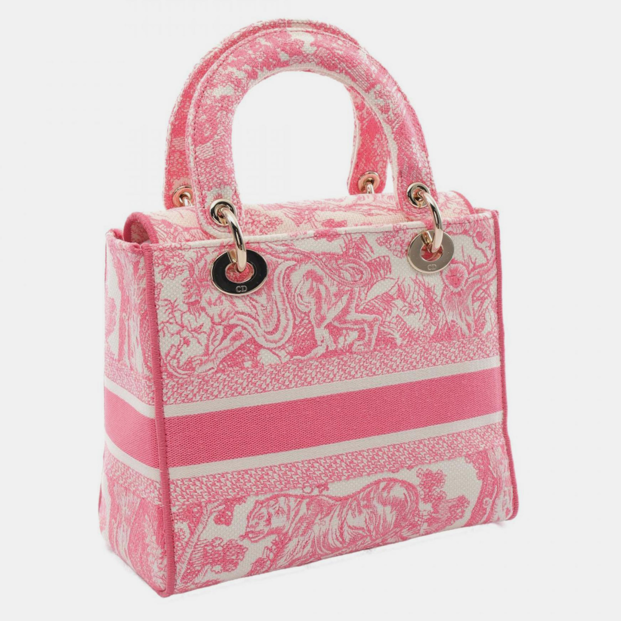 Christian Dior Pink White Canvas Dioriviera Lady D-Lite Medium Toile de Jouy Handbag 