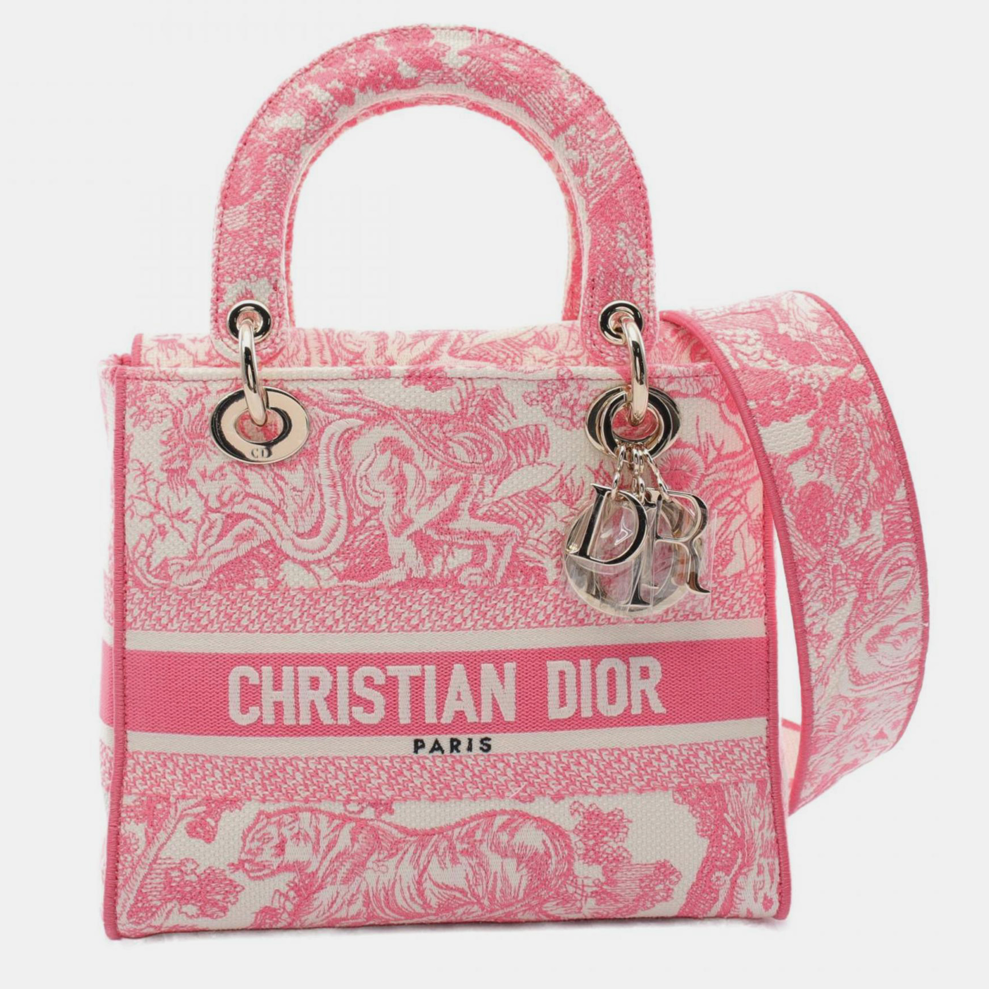 

Christian Dior Pink White Canvas Dioriviera Lady D-Lite Medium Toile de Jouy Handbag