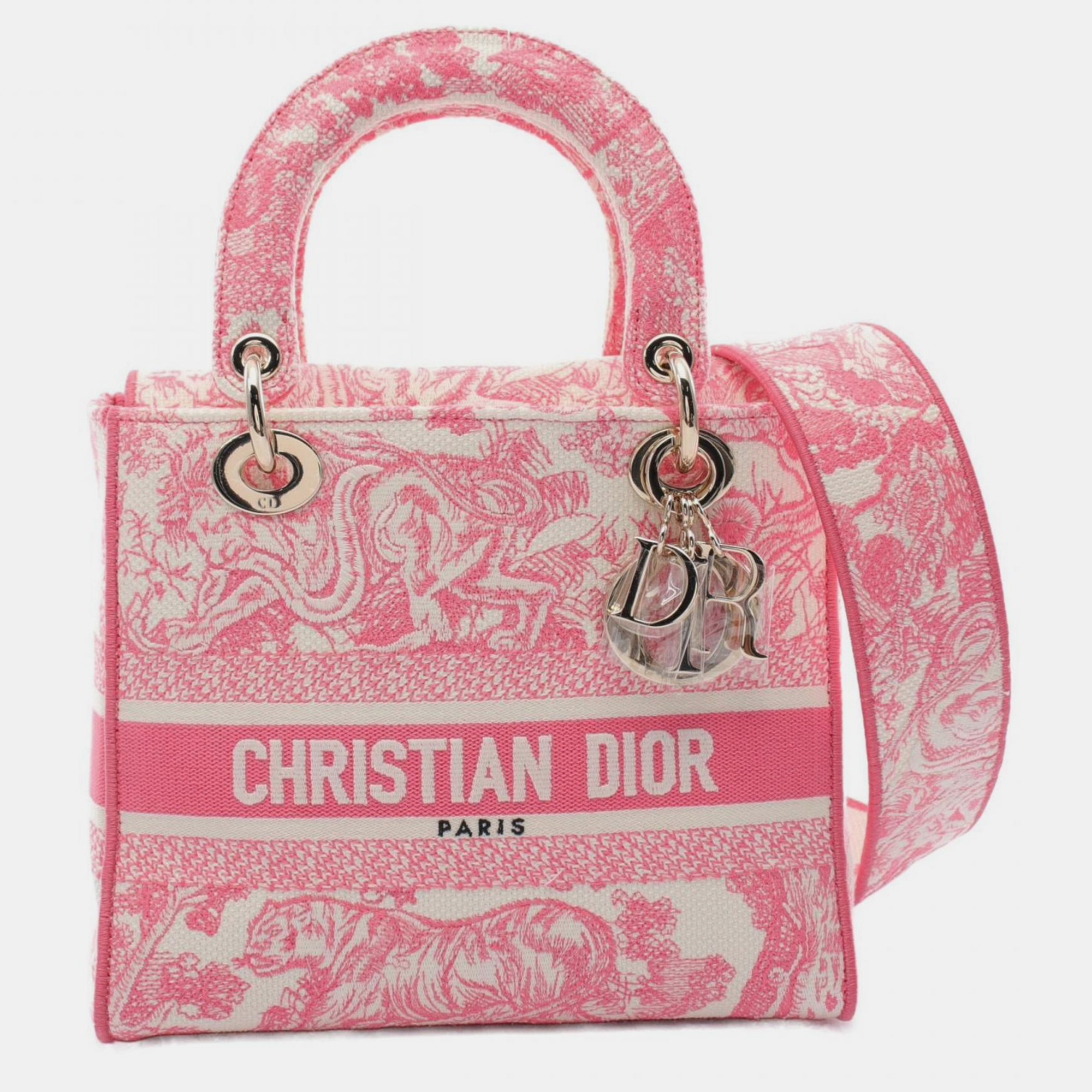 Christian Dior Pink White Canvas Dioriviera Lady D-Lite Medium Toile de Jouy Handbag 