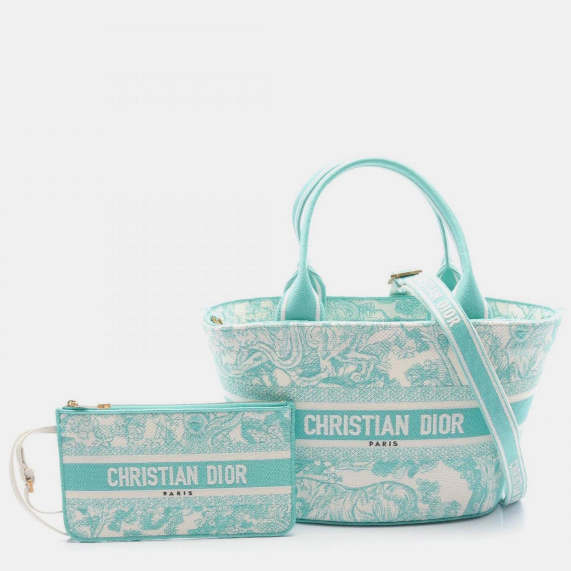 

Christian Dior Green White Canvas Dior IVIERA Panier Chapeau Toile de Jouy Embroidery Tote Bag