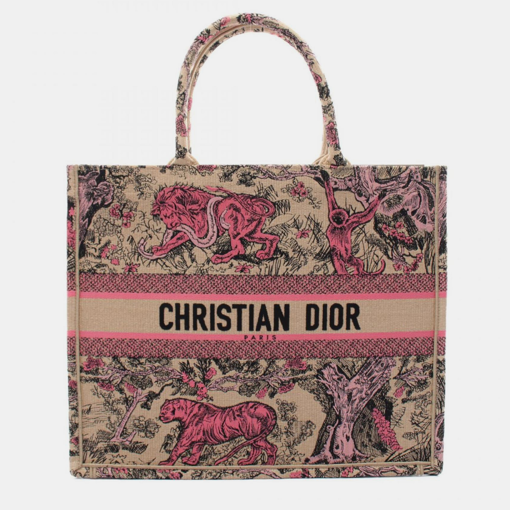 

Christian Dior Canvas Beige Pink Dioriviera Large Toile de Jouy Sauvage Embroidery Raffia Book Tote Bag